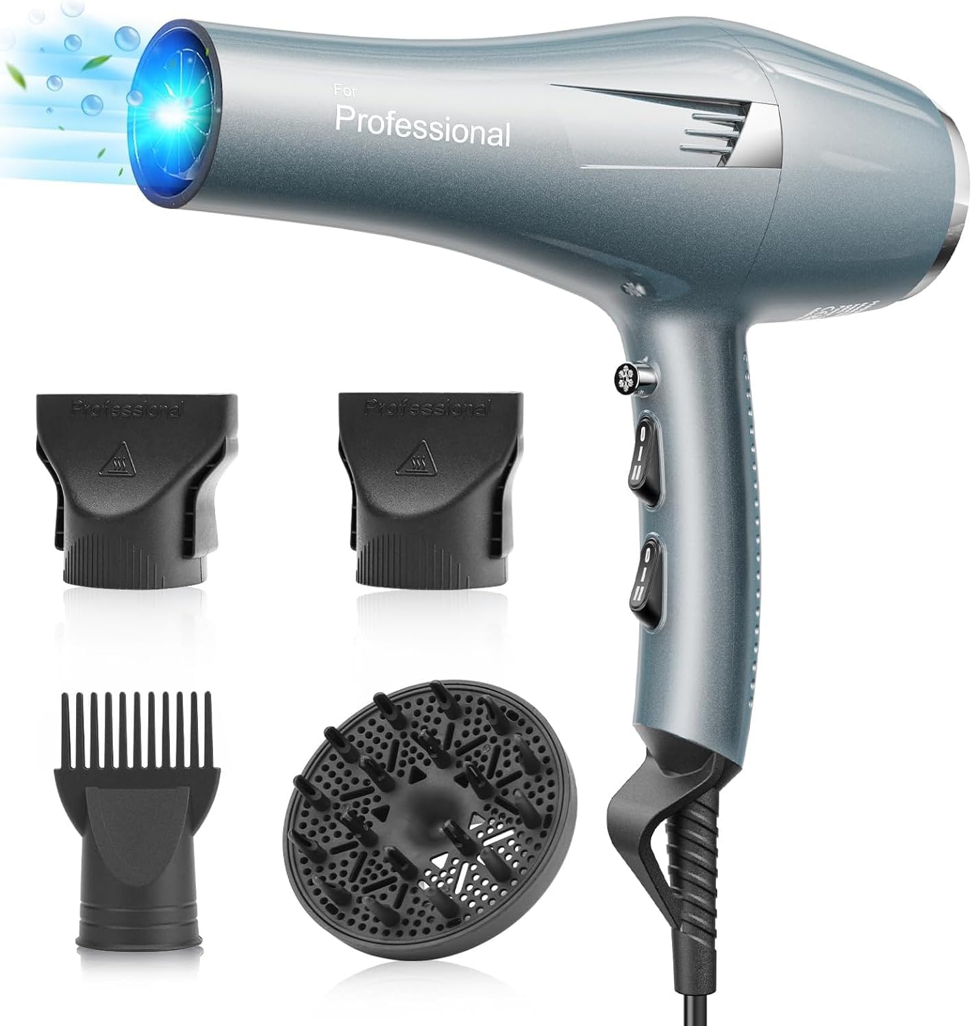 Secador de pelo profesional iones, Hair Dryer iónico con 1 difusor, 2 boquillas de peinado, 3 temperaturas, aire frío y caliente, secado rápido para todo tipo de cabello