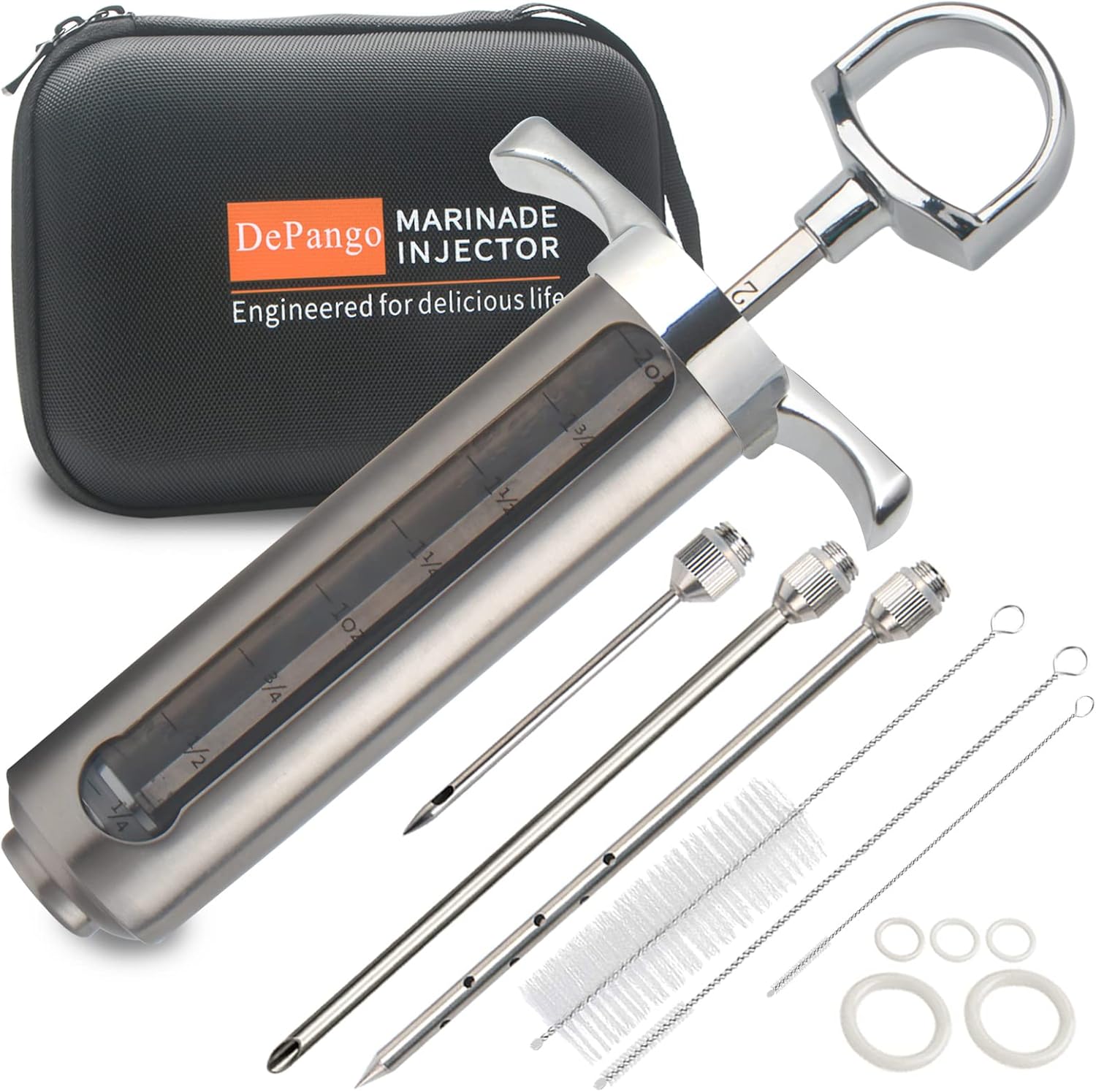 DePango Jeringuilla Cocina, Jeringa de Carne de Acero Inoxidable, 60ml Kit Jeringa Cocina Inyector de Adobo con 3 Agujas de Carne para Carne de res/bistec/cerdo/pollo/pavo a la barbacoa BBQ