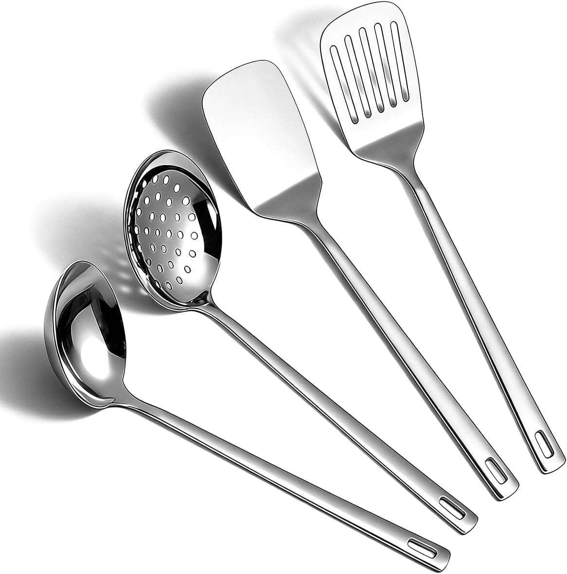 Juego de utensilios de cocina de acero inoxidable de 4 piezas que incluye juego de espátula de metal, espumadera de cocina, cucharón de sopa, elementos esenciales de cocina