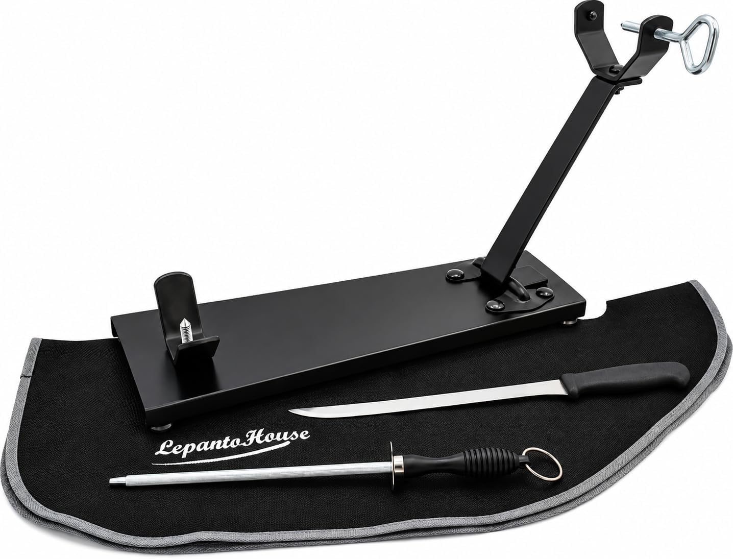 LEPANTO Jamonero Plegable Oscuro mas Set de Corte con Cuchillo, chaira y Cubre jamón, Soporte jamonero para Jamónes y Paletillas.