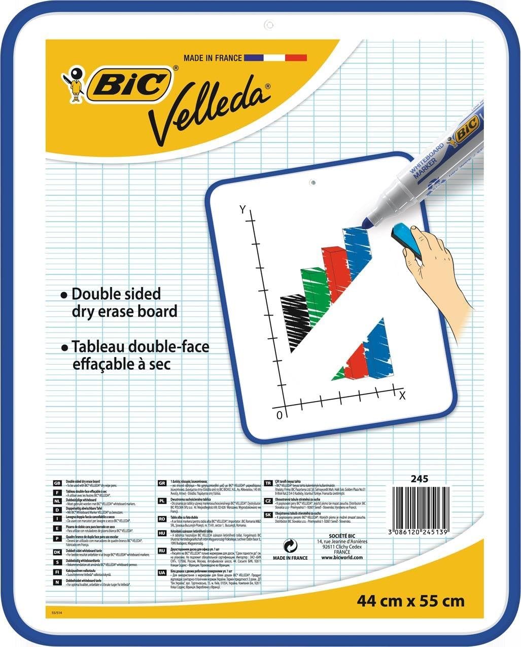BIC Velleda Pizarra Blanca Pequeña de Doble Cara con 1 Borrador y 1 Rotulador Azul, Material Oficina, 21x31cm, Óptimo para material escolar
