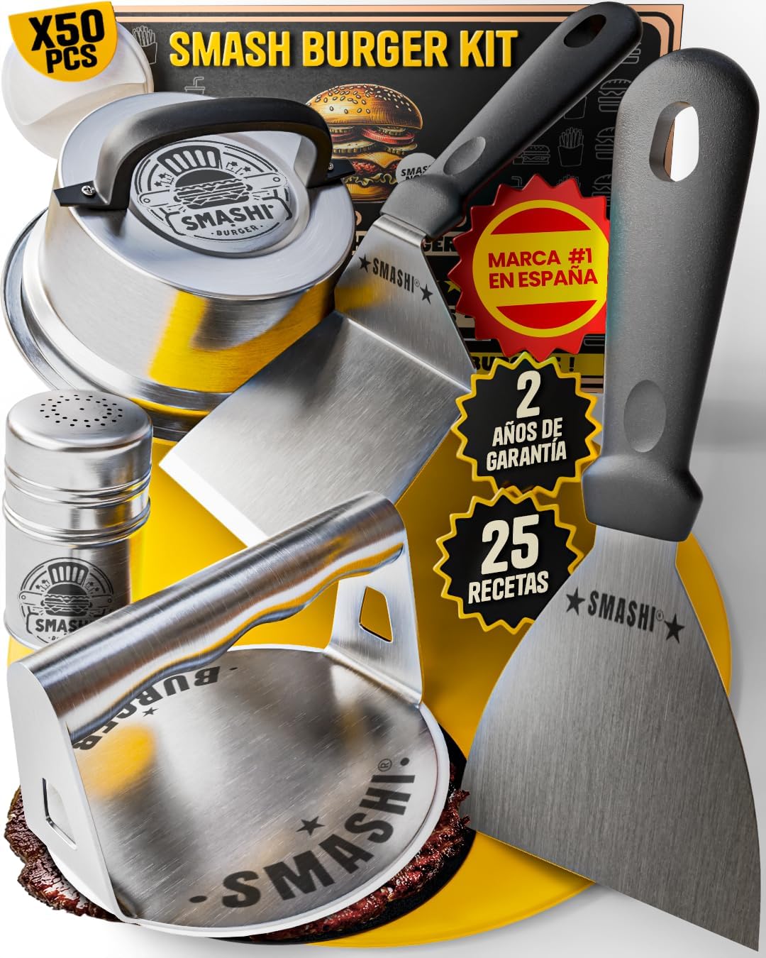 SMASHI® Smash Burger Kit 5 Piezas Profesional Acero Inoxidable 304 | Smasher + Espátula 13 cm + Tapa para fundir Queso + 50 Papeles antuadherentes + Guía 25 Recetas (Experto)