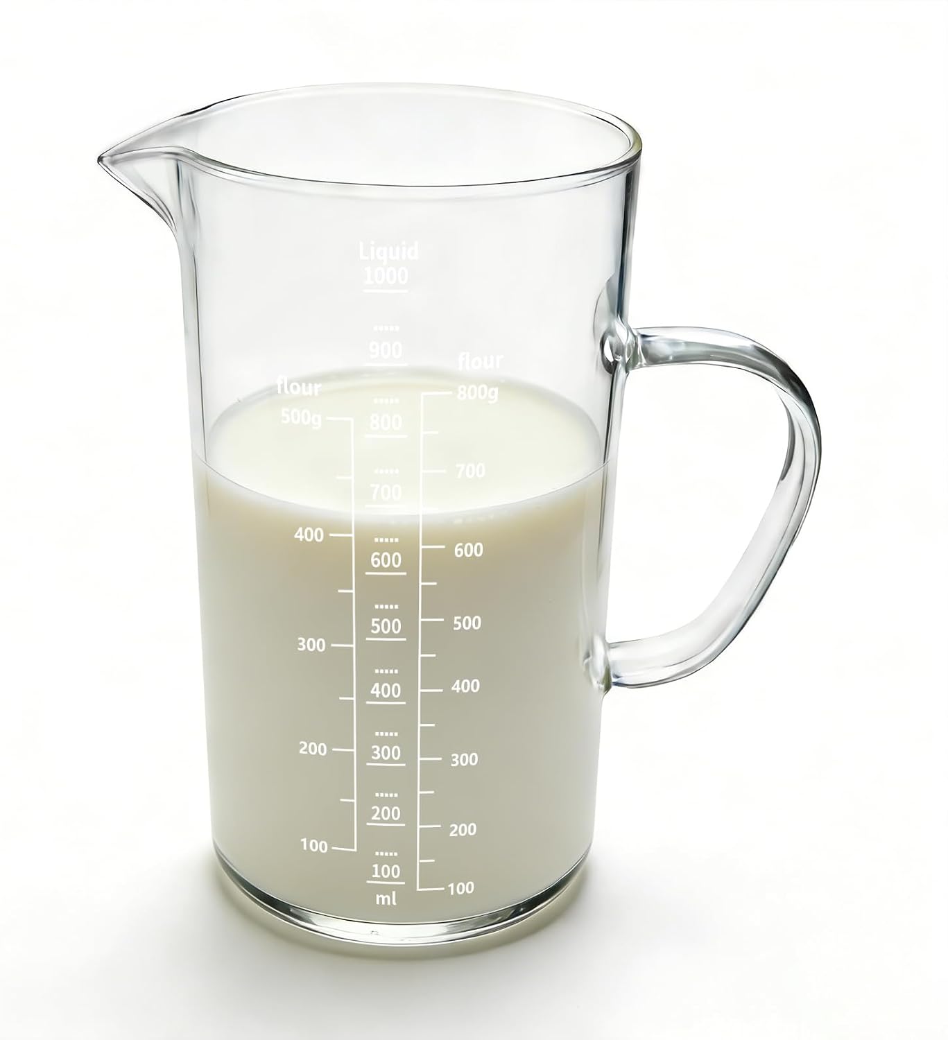 Jarra Medidora de Vidrio, 1000ml, Diámetro 9.5cm x H 17.5cm, Con Asa Incluida, Vaso Batidora Cristal, Vaso de Vidrio Resistente al Calor, Apto para Lavavajillas, para Cocina, Laboratorio