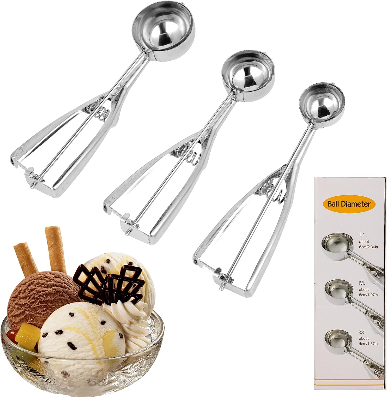 Cuchara para Helado de Acero Inoxidable – 3 Tamaños (Pequeño, Mediano, Grande) – Con Mecanismo de Resorte – Multiusos para Helado, Frutas, Masa de Galletas, Puré de Patatas, Pastel