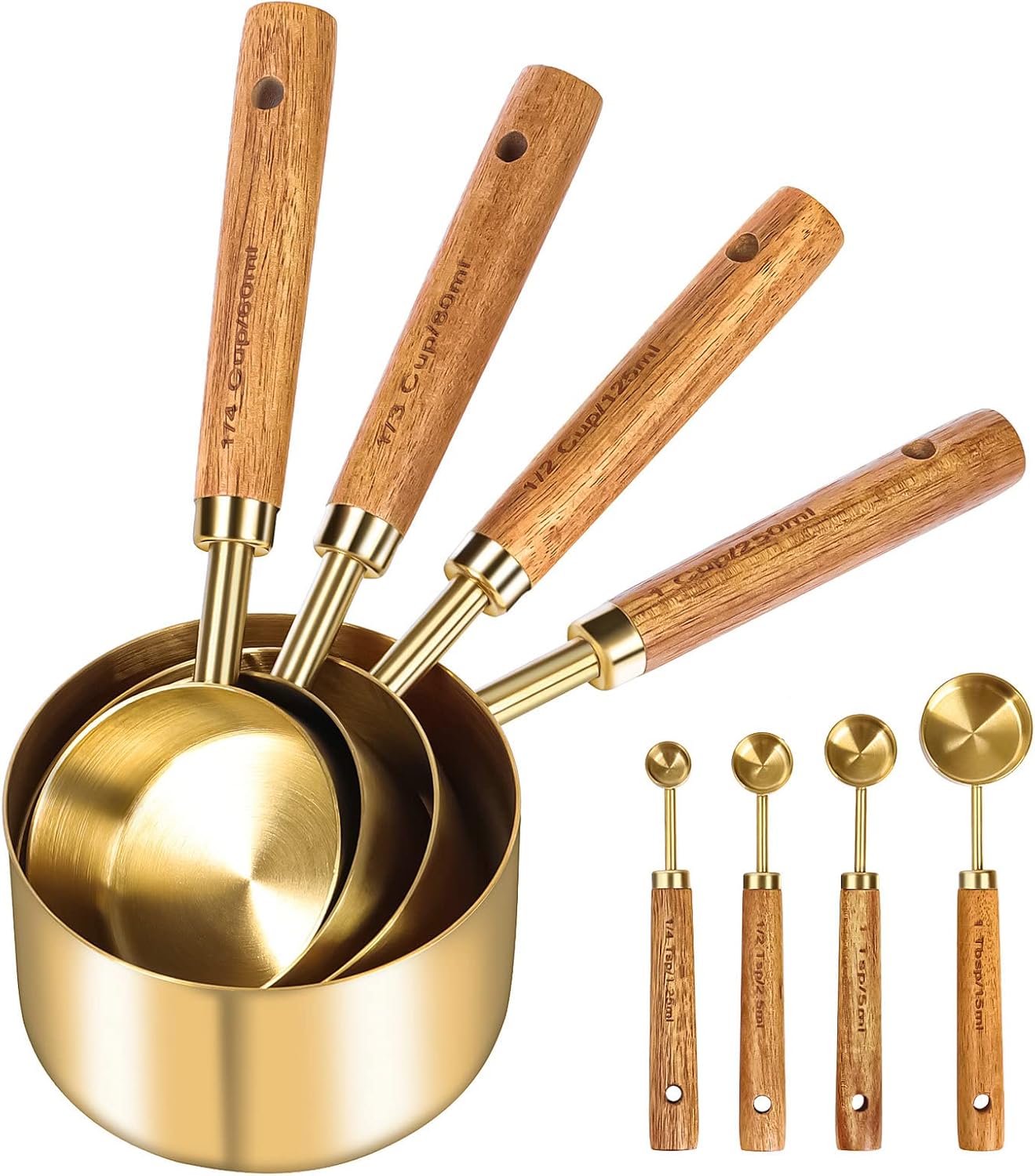 Cuteefun Cucharas Medidoras y Tazas Medidoras, 8 Piezas, Mango Madera, Oro