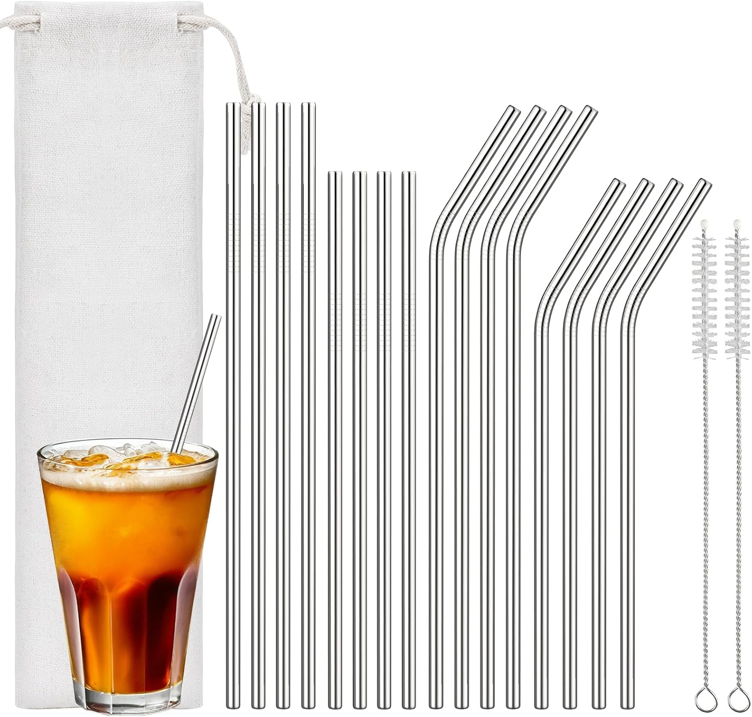 Euqvunn Set De 16 Pajitas Reutilizables – 8 Rectas Y 8 Curvas (Largas Y Cortas), Pajitas De Acero Inoxidable Con 2 Cepillos De Limpieza Y Bolsa, Apto Para Lavavajillas