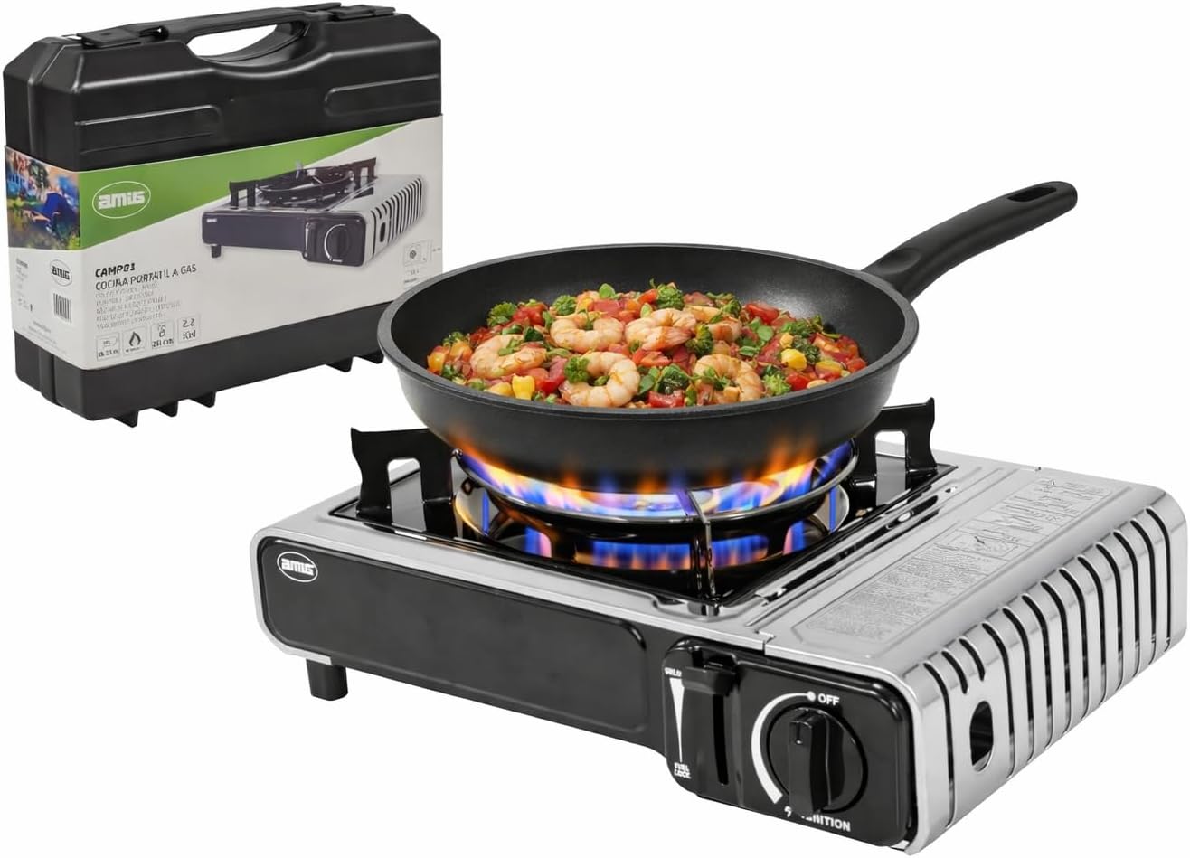 Amig - Hornillo Camping Gas - Cocina Portátil Camp01-2,2 kW Potencia - Parabrisas y Soporte Sartén - Certificación CE - Compatible Botellas CP 250 (No incluída) - Excursiones - Acero Inoxidable