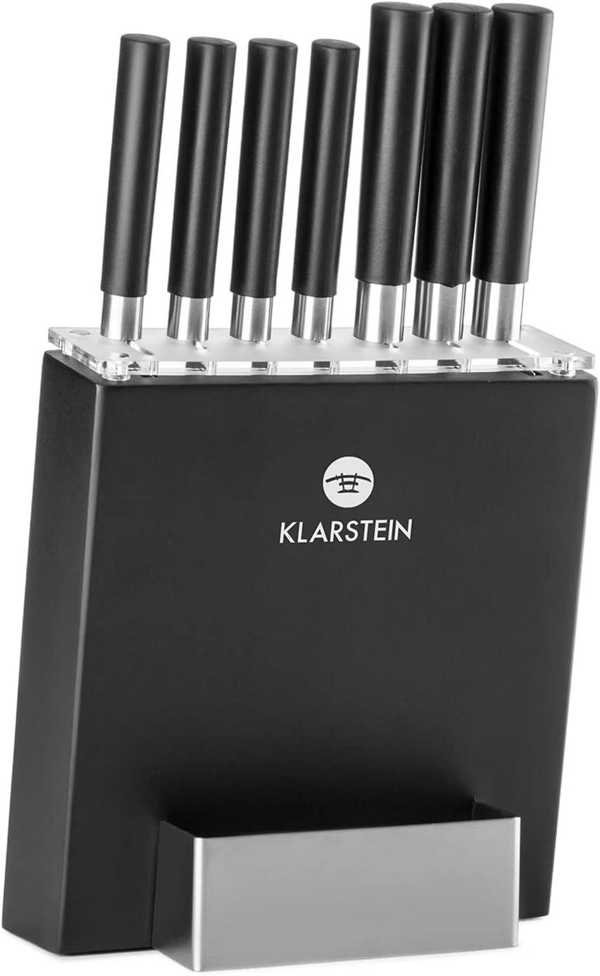 Klarstein Kitano portacuchillos - Juego de cuchillos de cocina de 8 piezas, 7 cuchillos diferentes con hojas de precisión de acero inoxidable, diseño japonés, magnético, negro