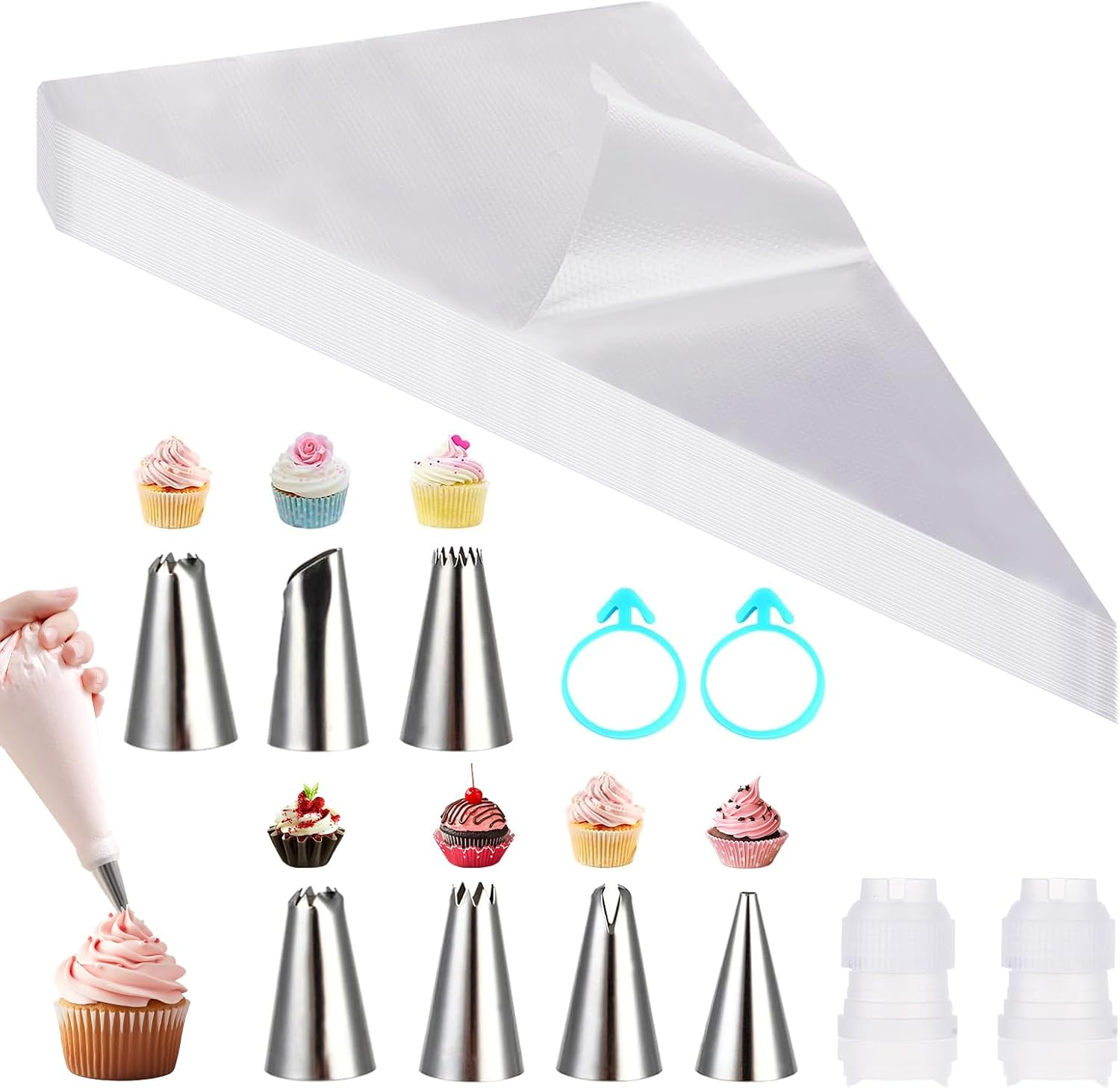 CRESZZLE Manga Pastelera Profesional - 100 Mangas Desechables 30x20CM + 6 Boquillas + 2 Acopladores + 2 Ligas de Silicona, Bolsa de Repostería Grande para Decorar Pasteles, Galletas y Cupcakes