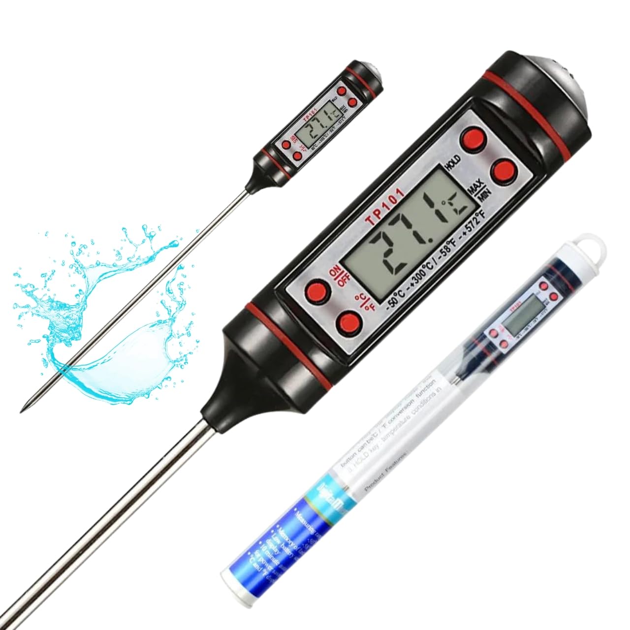 Termómetro Digital Cocina - Alimentos, Líquidos, Aceite, Carne, Barbacoa: Medición rápida y Alta Precisión - Pantalla LCD Lectura Clara - Sonda de Acero Inoxidable - Apagado Automático (Negro)