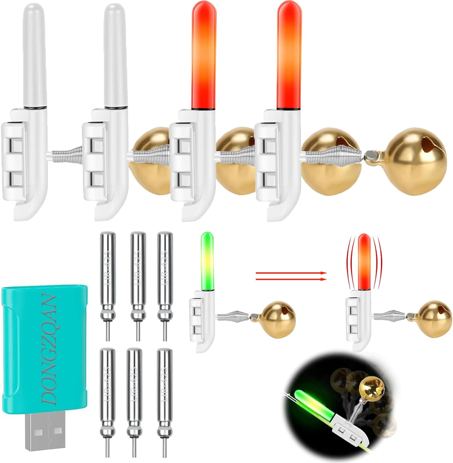 DONGZQAN 4 piezas de alarmas de picada con luces de linterna para pesca, alarmas de pesca, luz nocturna de linterna para pesca, regalo de pesca, alarma de pesca nocturna con cargador y batería