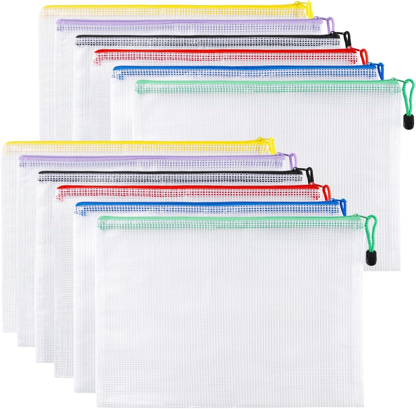 Carehabi 12 bolsas para documentos con cremallera A4, resistente al agua, bolsillo con cremallera para archivos, bolsa de malla de plástico con cremallera para documentos, cosméticos, accesorios de