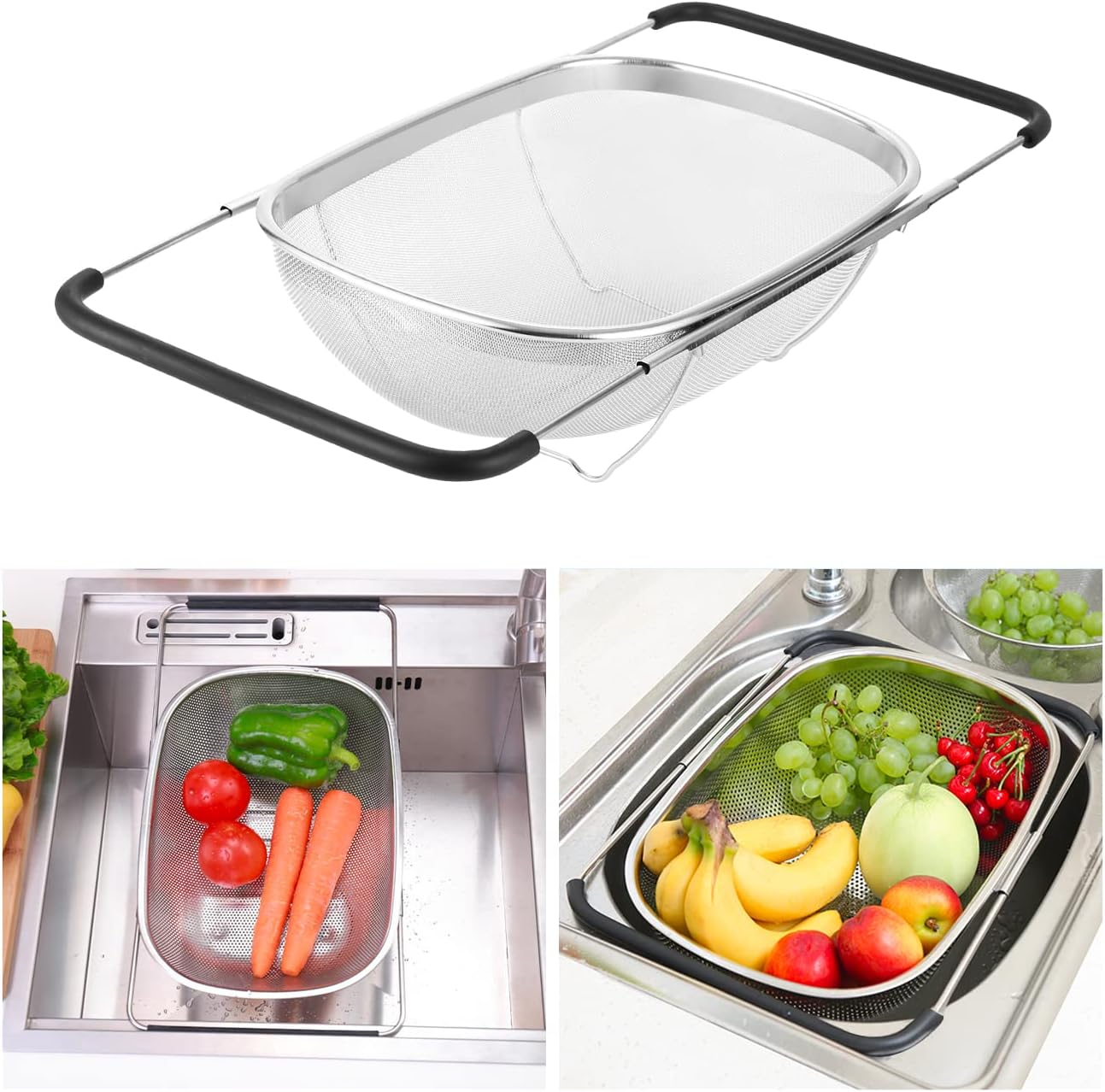 Jissta Colador de acero inoxidable,colador de 6 litros con cesta de tamiz fino y cuchara extensible,colador de fregadero extensible para colar,escurrir y lavar frutas y verduras
