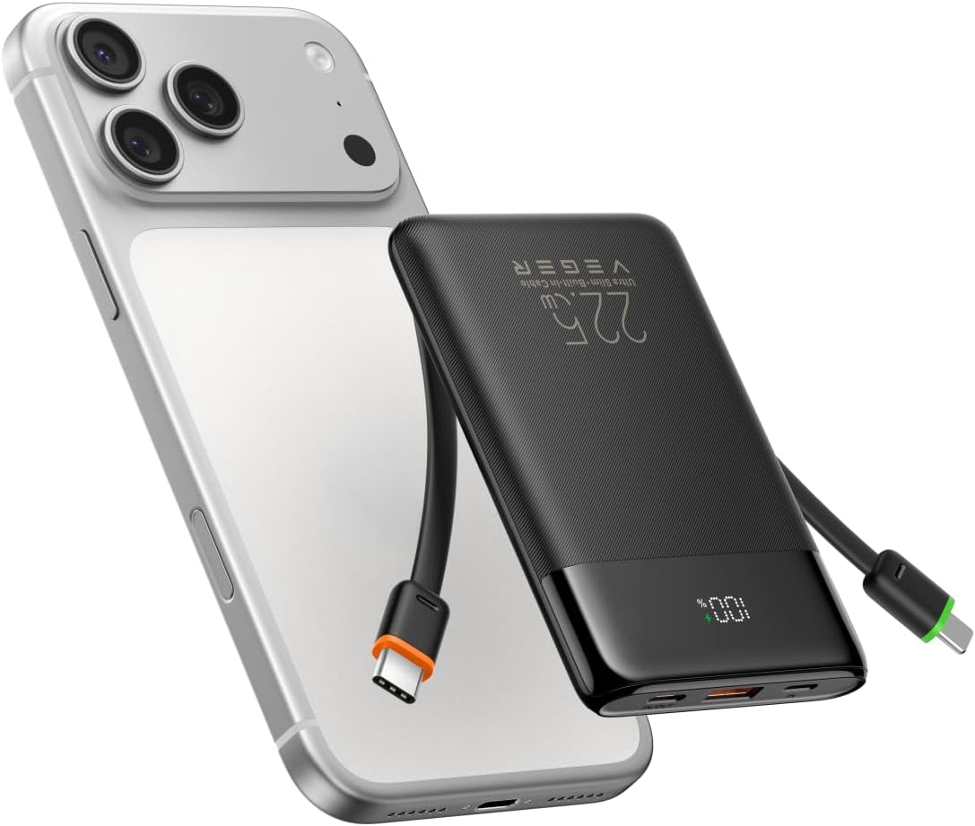 VEGER Batería Externa Carga Rápida 10000mAh Power Bank con Cable