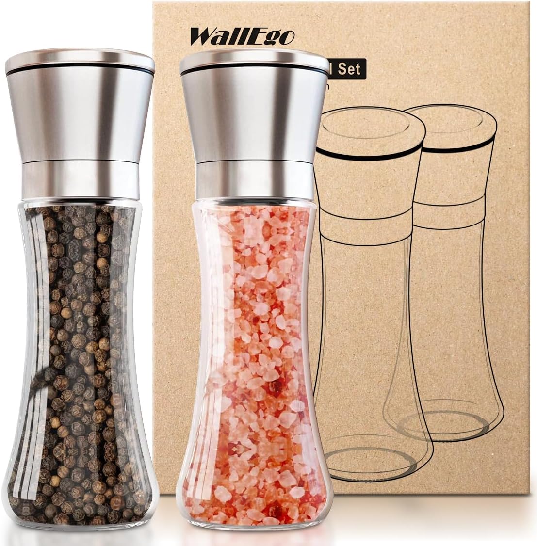 Molinillo de Sal y Pimienta Manual, Set de 2 Saleros de Cocina con Núcleo de Cerámica Grosor Ajustable