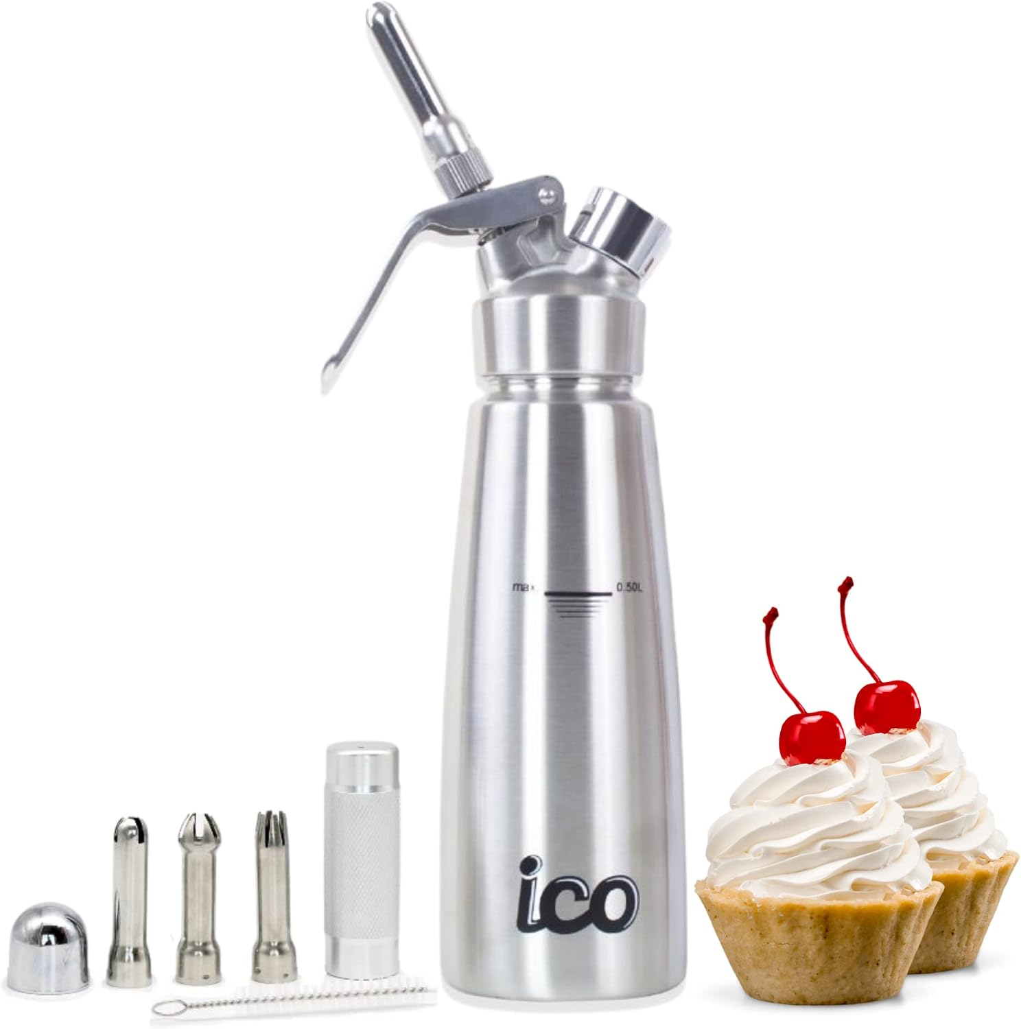 ICO 1L Sifon de Cocina en Acero Inoxidable Profesional. Dispensador Crema para Nata Montada, Espumas, Postres, Cremas, Salsas, Preparaciones Aireadas y Licores de Infusion, 1L