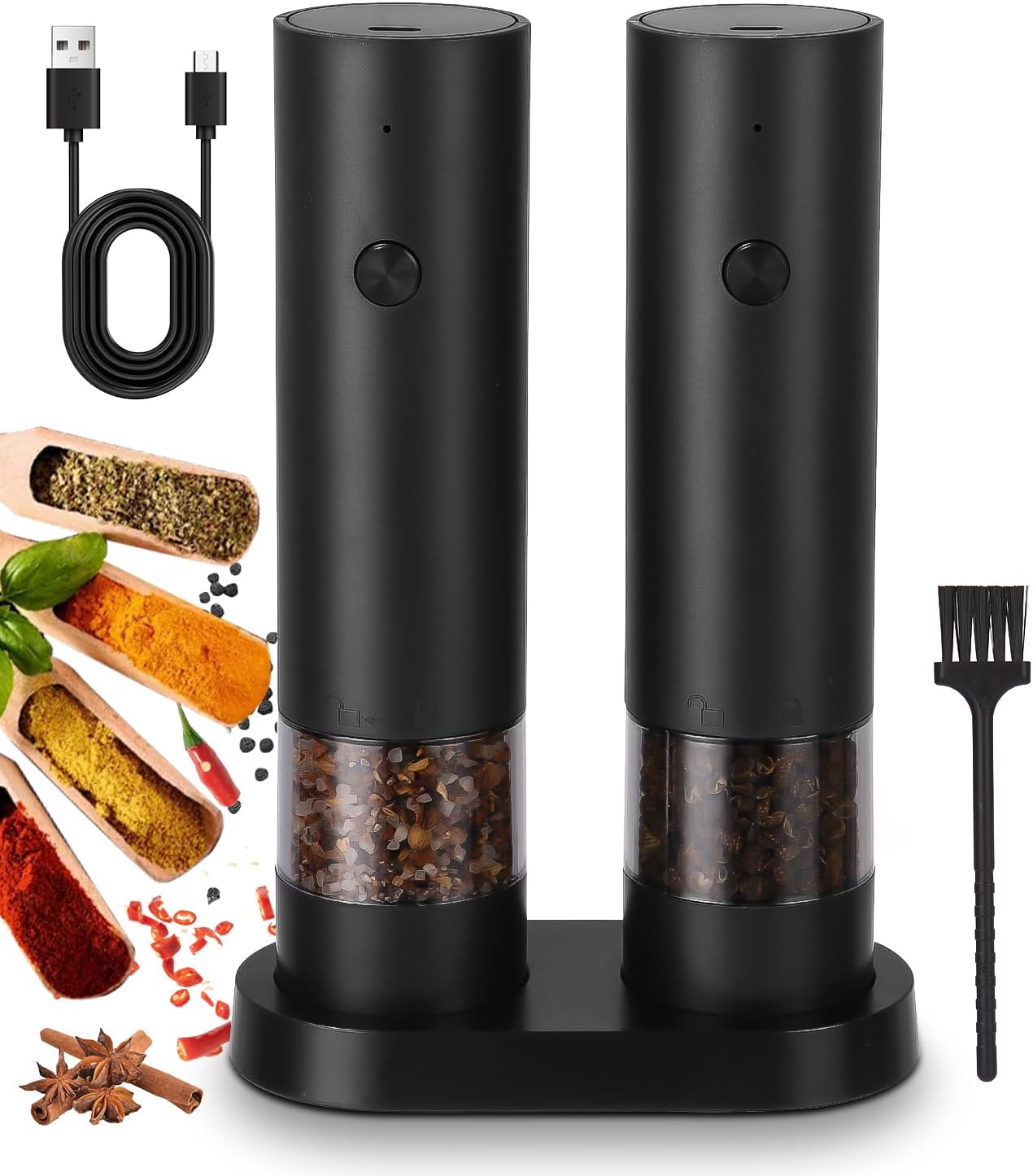 Juego de Molinillos de Pimienta Eléctricos, Molinillo Eléctrico de Pimienta y Sal Molinillo de Especias Eléctrico, Grosor Ajustable, con Base USB Recargable, Saleros de Cocina para BBQ y Hogar