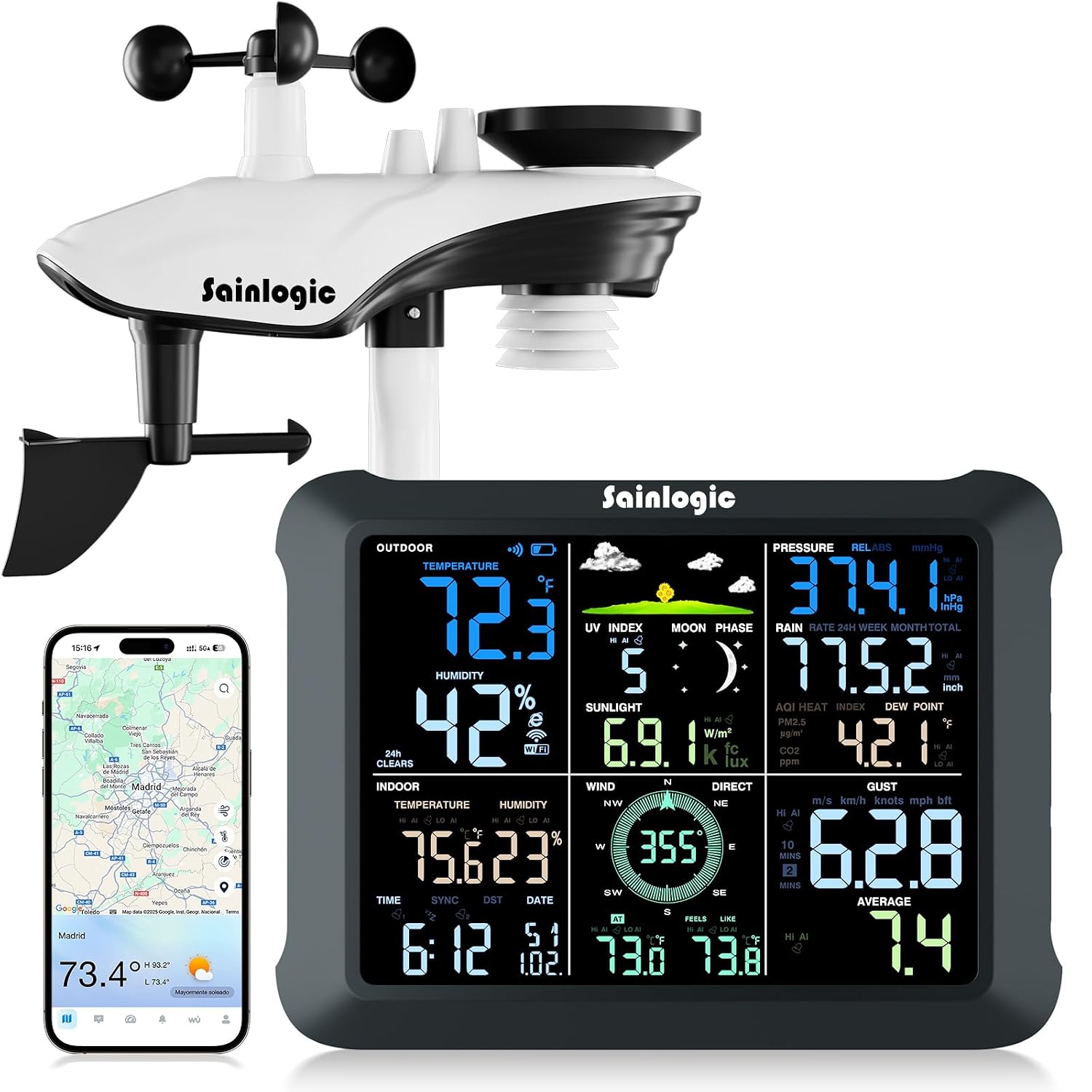 Sainlogic Estación Meteorológica WiFi con sensor exterior, alarma IA