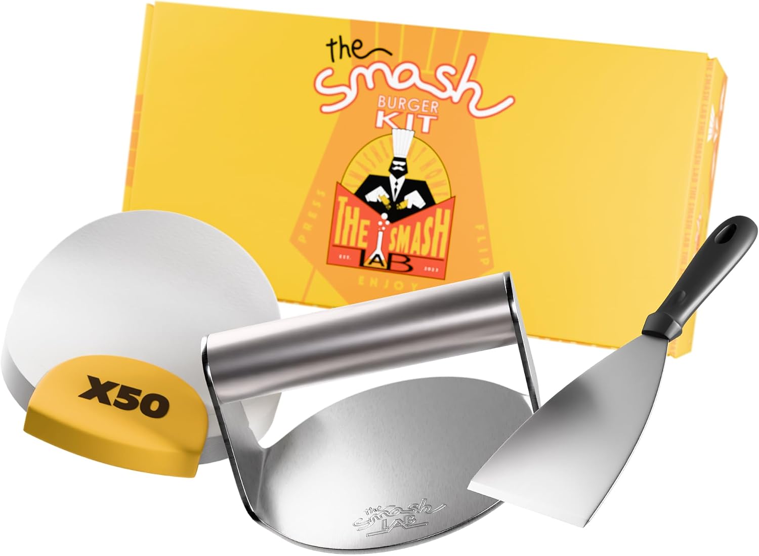 Kit Smash Burguer - Prensa Hamburguesas de Acero Inoxidable 304 con Espatula y Papel Antiadherente. Aplastador de Hamburguesas y Accesorios Smasher.