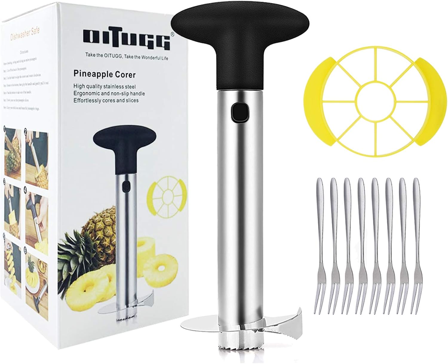 Pelador de Piña: [3-en-1] Inoxidable Acero Cortador de Piña para Pelar y Rebanar y Quitar el Corazón de Piña - con 1 pcs Cuña de Piña & 8 pcs Frutas Tenedores - Include Garantía Un Año (negro)