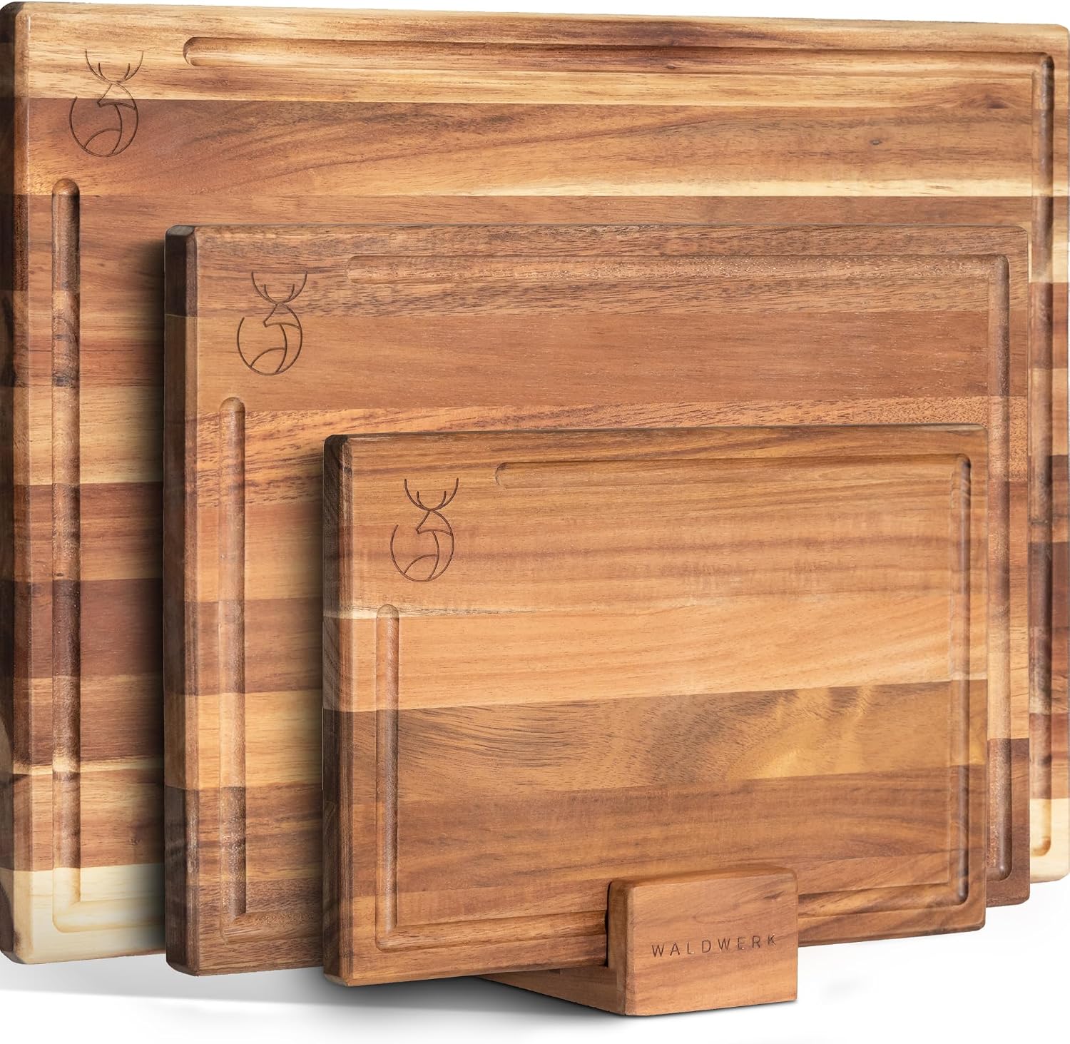 WALDWERK Tablas de Cocina (40x30 / 33x24 / 26x18 cm) de madera maciza de acacia – Juego de 3 tablas de cortar con soporte – Tabla cortar cocina de 2 cm de grosor con canal para jugos – Tablero madera