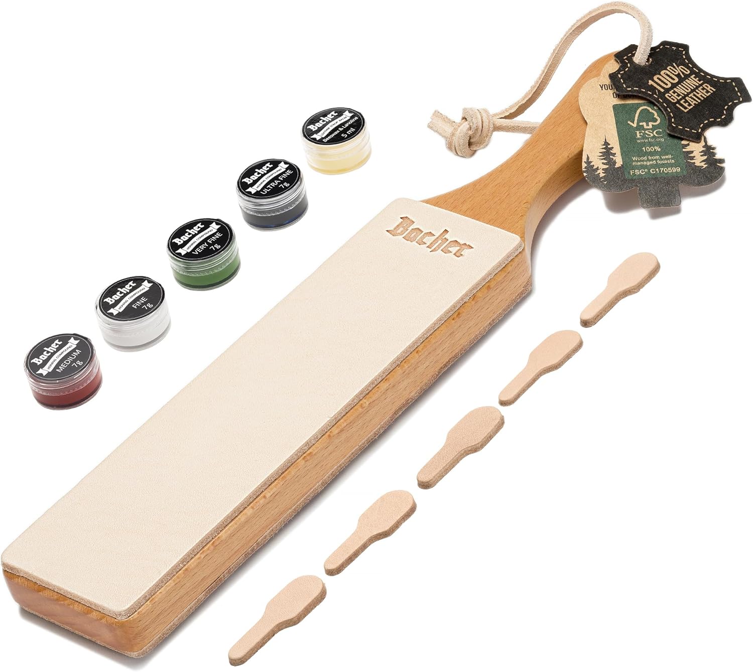 Bacher Asentador de Cuero para Cuchillos, Paleta Strop, 4 Pastas - 32 cm