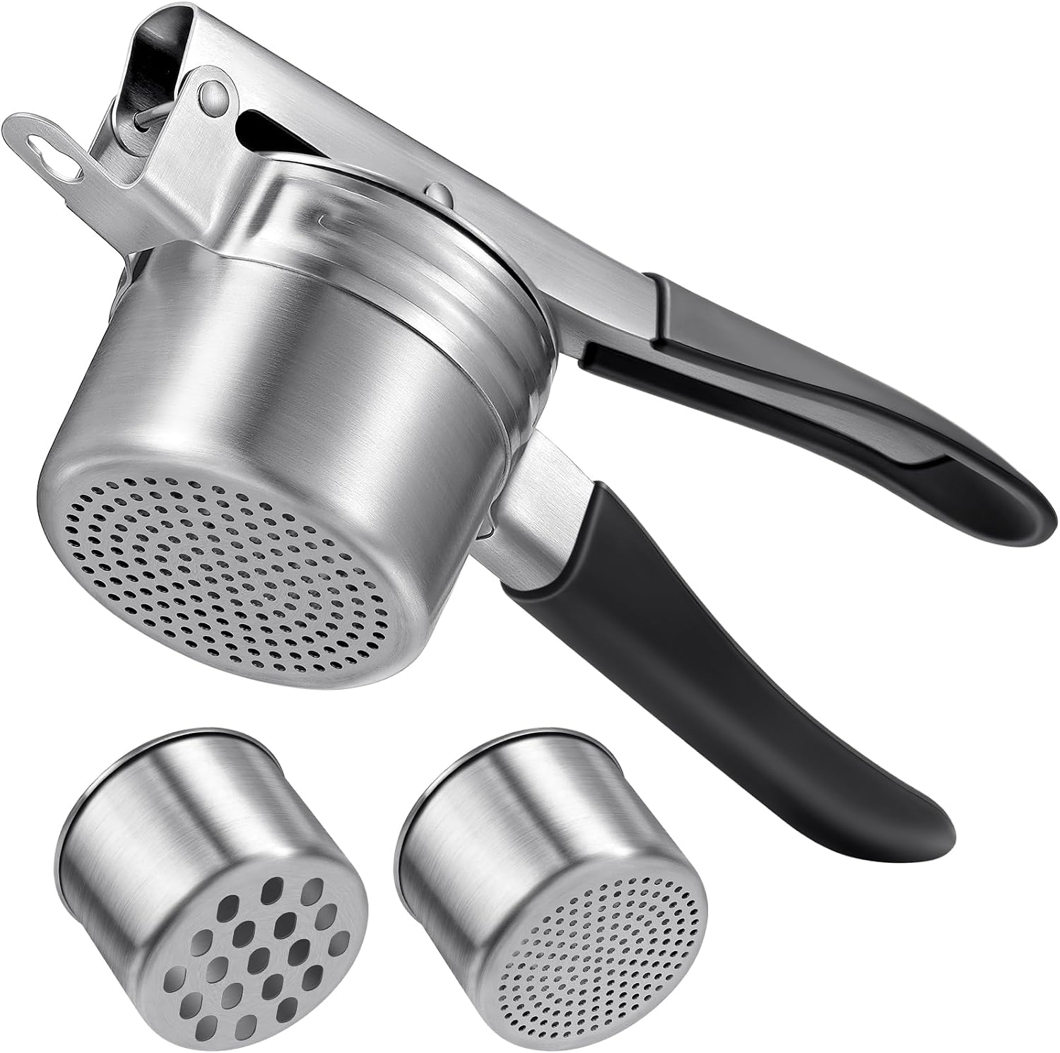 Pasapures Acero Inoxidable, Sopito Aplastador de Patatas Prensa Patatas Acero Inoxidable con 2 Tazas Intercambiables para Puré de Patatas Esponjoso, Puré de Verduras, Zumos de Frutas