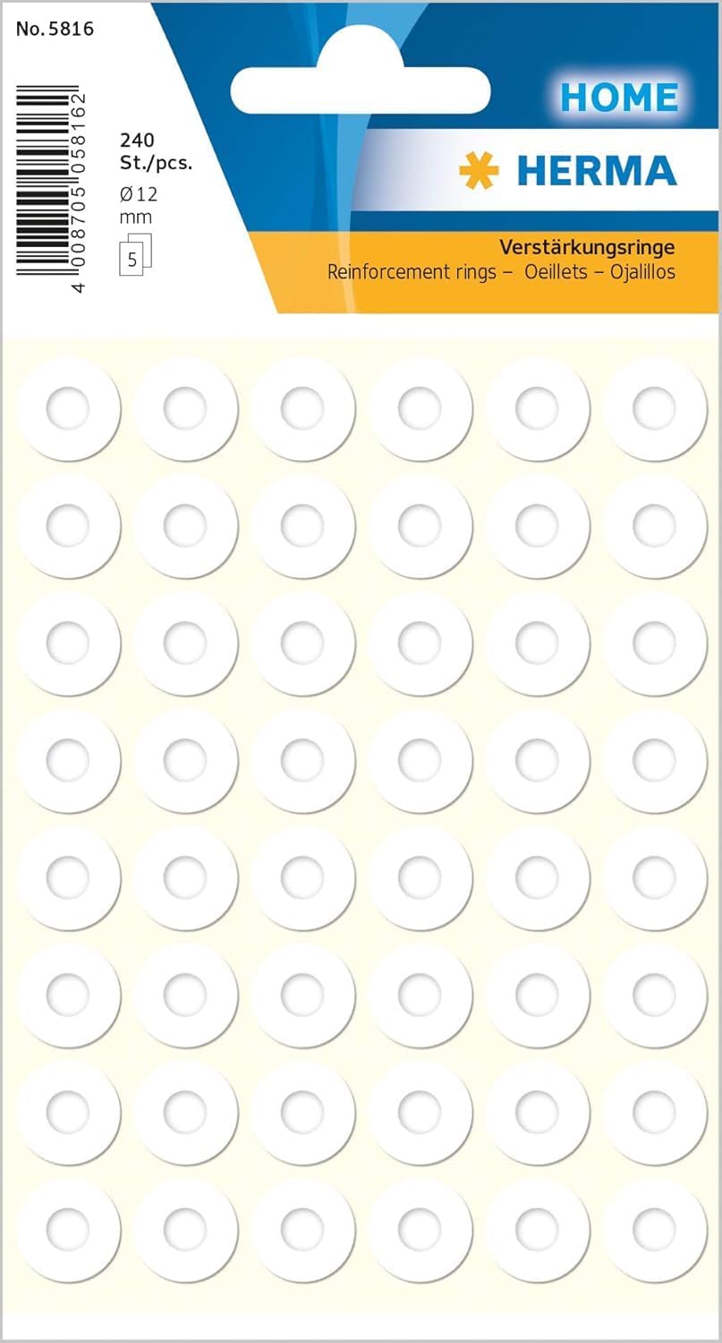 HERMA Anillas de refuerzo 12 mm, 500 unidades, autoadhesivas, resistentes al desgarro, mate, blancas, en caja dispensadora, ideales para proteger agujeros