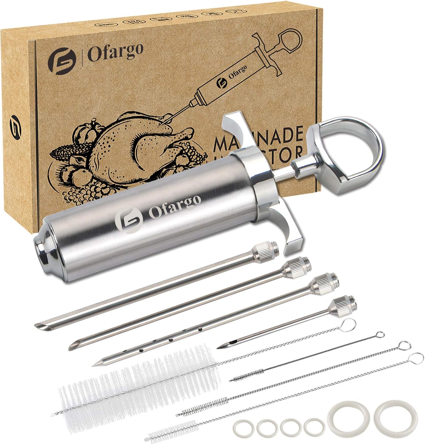 Ofargo Inyector de Condimento con 4 agujas de adobo, Se Utiliza para el Condimento de Carnes Como Carne de res, Pollo, Pavo etc; Jeringuilla Cocina Capacidad 60 ml/2 oz; Incluye manual de usuario