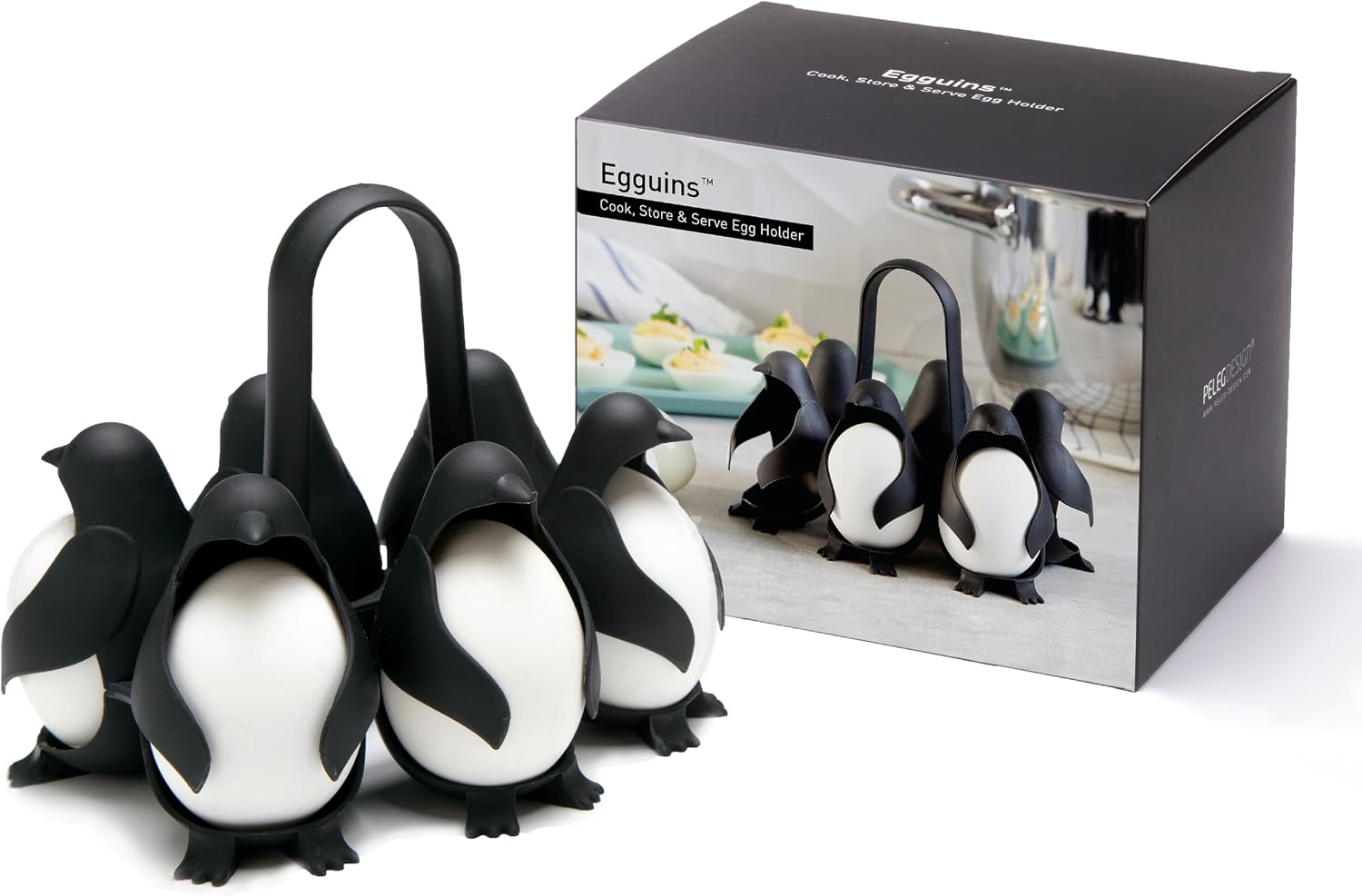 Peleg Design Egguins Cocedor de Huevos Duros y Pasados por Agua – Huevera 3 en 1 para Cocer, Guardar en la Nevera y Servir, Diseño Pingüino, para 6 Huevos