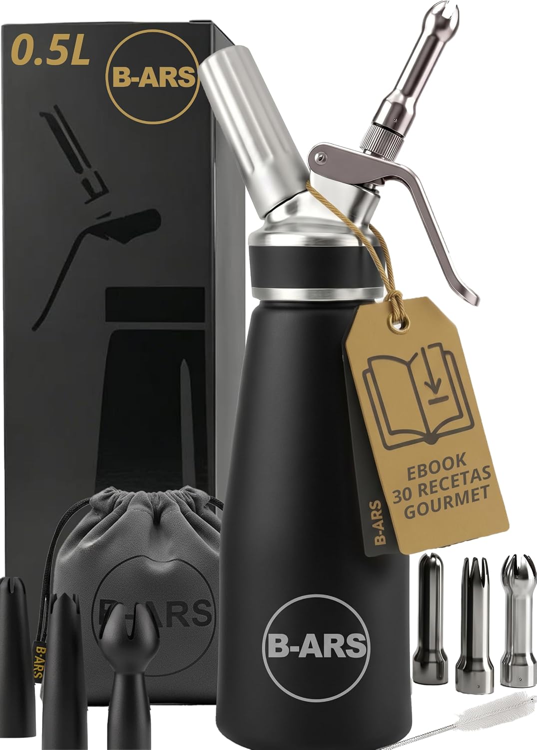 B-ARS Dispensador Crema Batida Aluminio 500ml Negro, Nata y Espumas