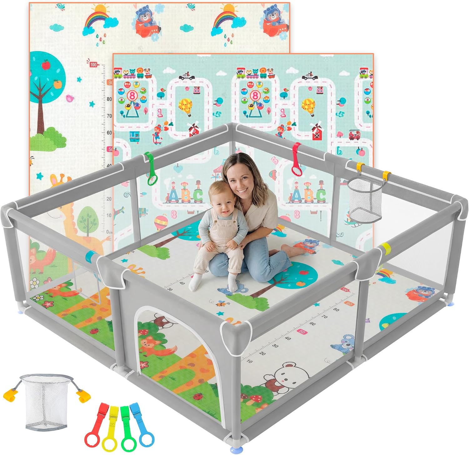 JUPPLIES Parque Infantil Bebe 120x120cm + Alfombra Bebe + Agarraderas + Canasta – Corralito Bebe con Malla Transpirable – Parque de Juegos Bebe Plegable con Puerta Lateral – Playpen Bebe (Azul)