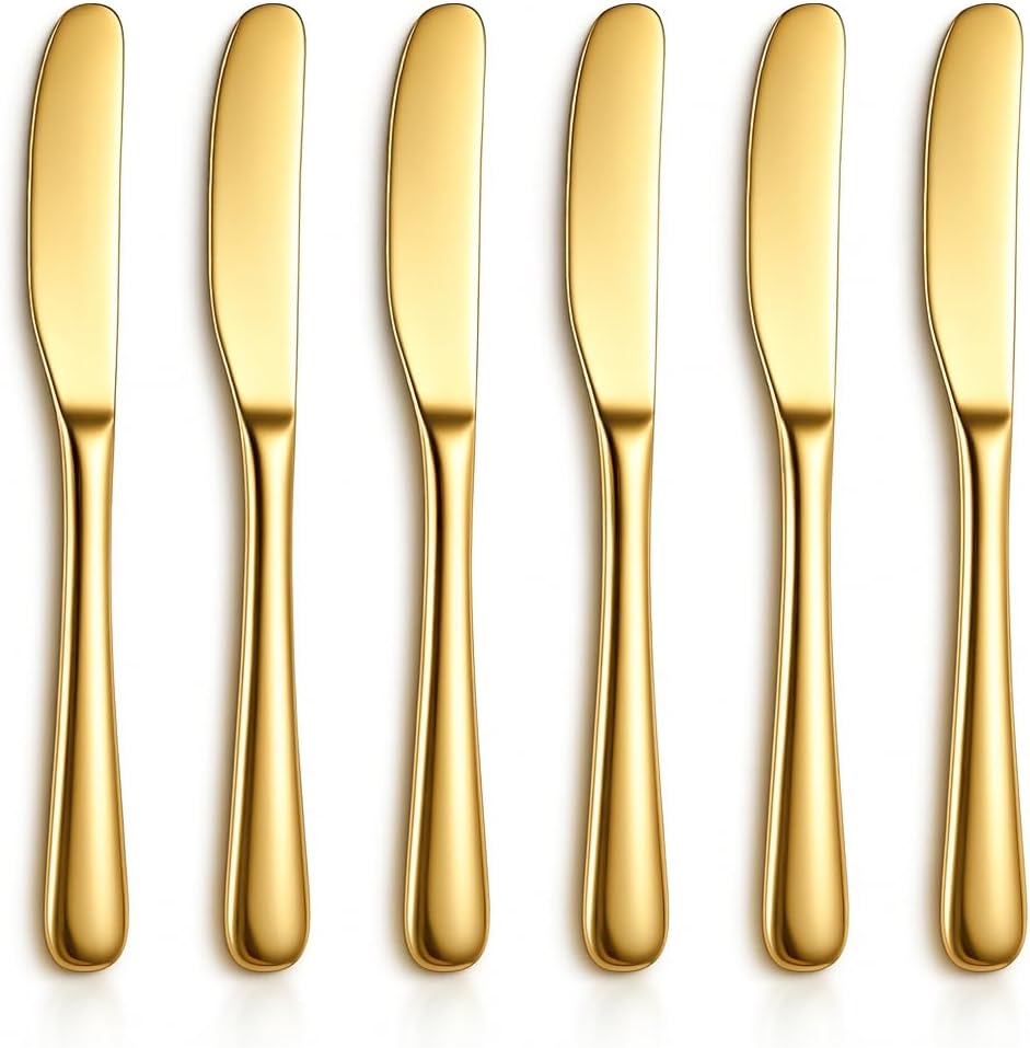 Berglander Cuchillos para Mantequilla Esparcidor 6 pcs de Acero Inoxidable con Acabado Dorado, Utensilios de Cocina para Hogar y Restaurante, Lavables en Lavavajillas