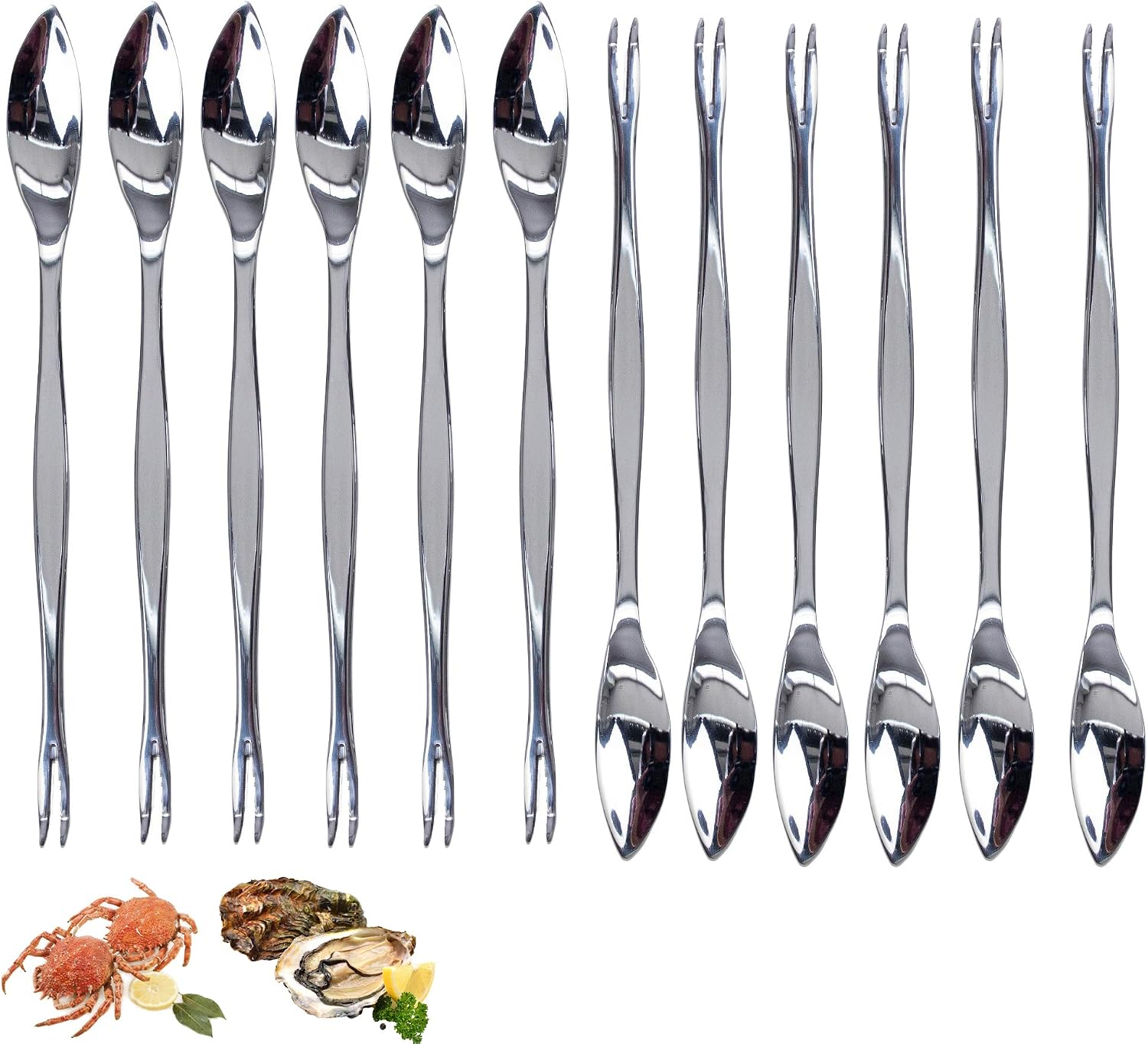 Cubiertos para marisco | Pinzas para marisco | Tenazas para marisco | 12 Unidades | Cubiertos marisco (Cangrejo, Langosta, Ostras) | Tenedor de marisco con dos dientes inferiores y cuchara.