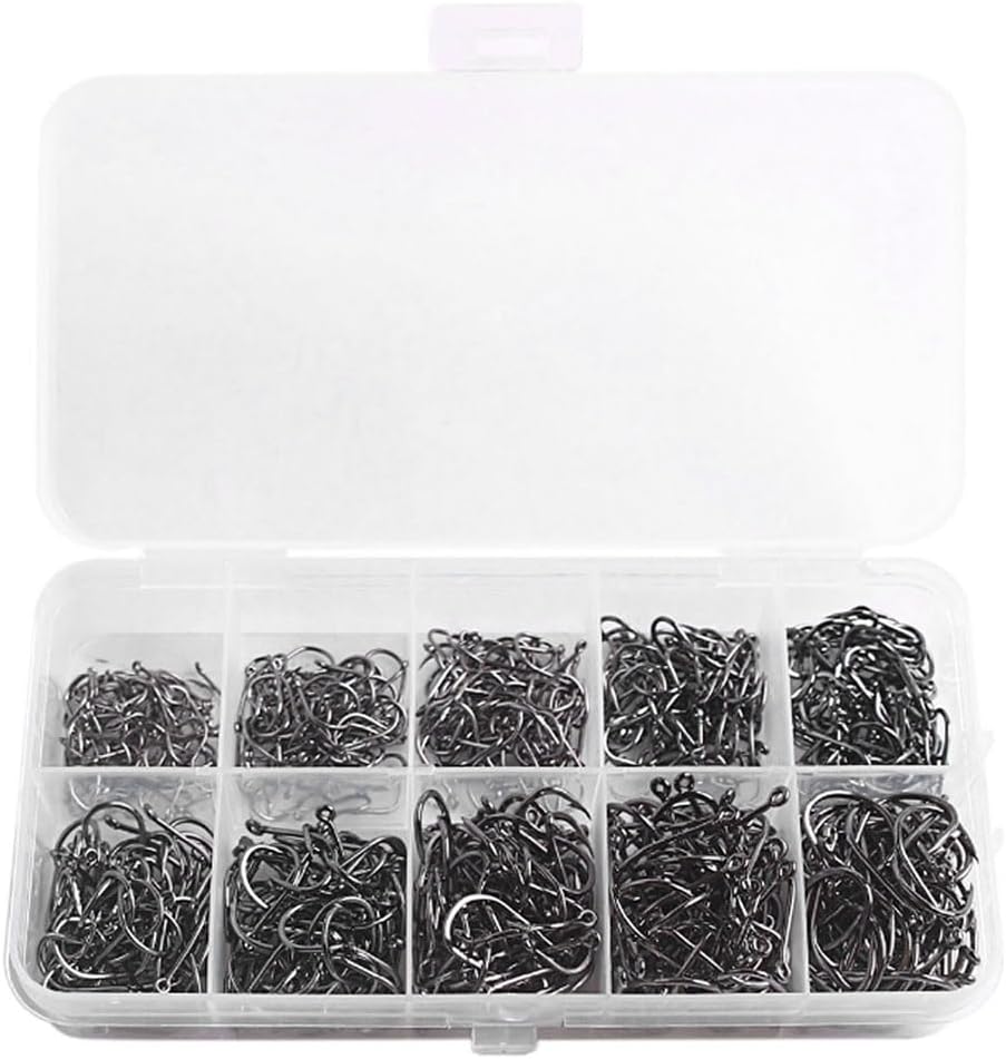 Anzuelos de Pesca, 600 PCS Anzuelos de Pesca en 10 Tamaños, Anzuelos de Púas, Pesca Gancho de Acero al Carbono con Caja de Plástico, 3# - 12#