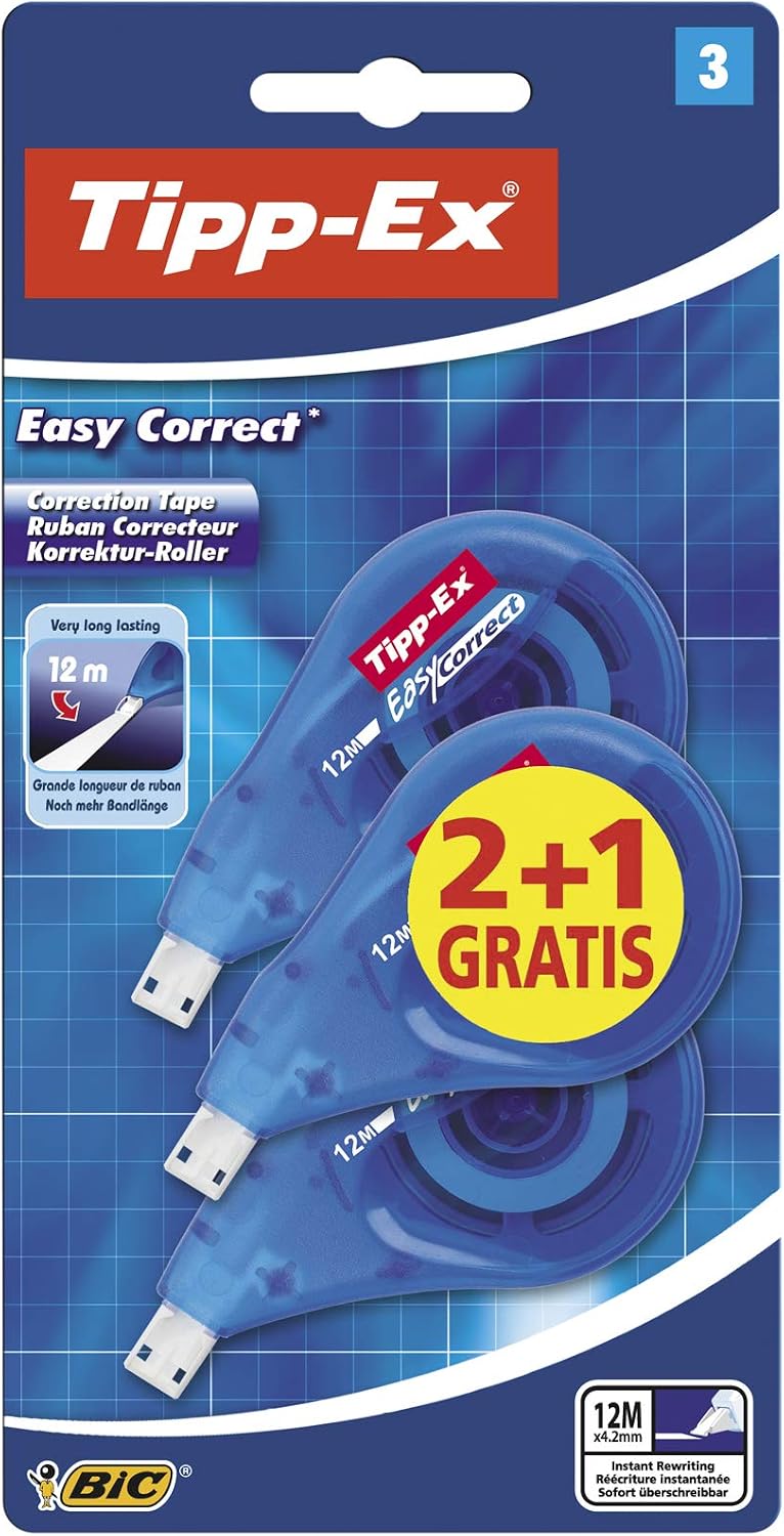Tipp-Ex Easy Correct, Cinta Correctora con Closificación Lateral para ver lo que Corriges, 12 m x 4.2 mm, Caja de 2+1