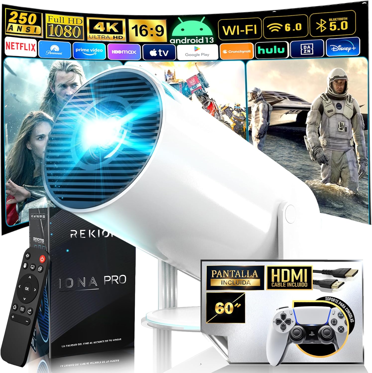 REKION® [Apps INTEGRADAS] Super Pack Proyector Portatil HY.300 Pro 4K + Pantalla 60 Pulgadas | HDMI Incluido + 1080P Full HD 250 ANSI 9000 Lúmenes | WiFi 6 (Premium)
