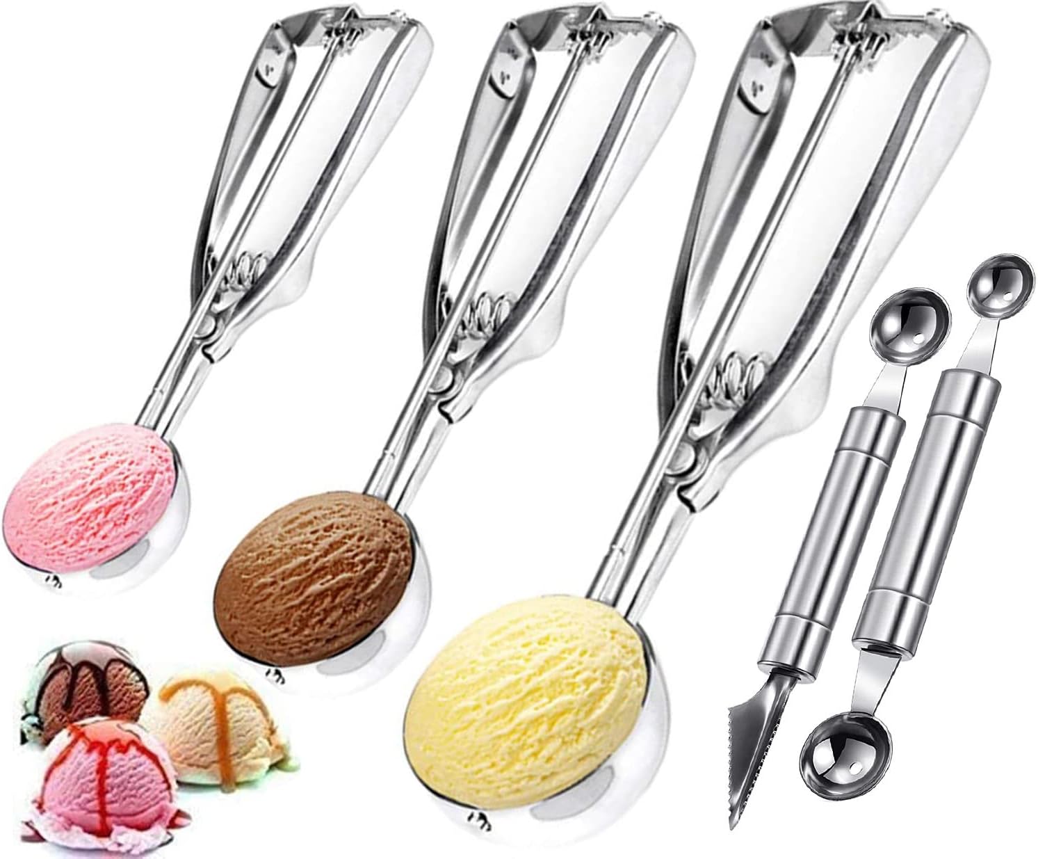3 Piezas Cucharas de Helado, Inoxidable Cuchara para Helado Cuchara Bolas de Helado Sacabolas de Helado Fabricante de Bolas de Hielo para Helado, Melón, Albóndigas, Pasteles,Masa, Arroz