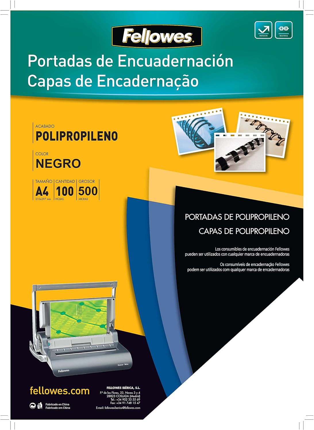 Fellowes 54772 - Portadas para encuadernar de polipropileno, A4, negro