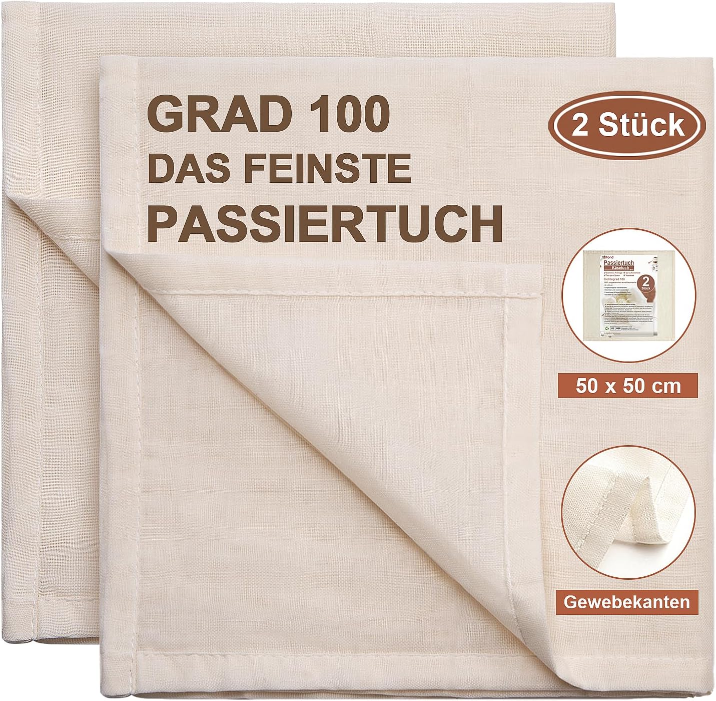 eFond 4 Piezas Telas Filtrante Reutilizable de Algodón Puro sin Blanquear 50x50cm - Colador Ultrafino Lavable para Queso, Zumos y Cocina - Grado 100 (Tela de Filtración, Cheese Cloth)