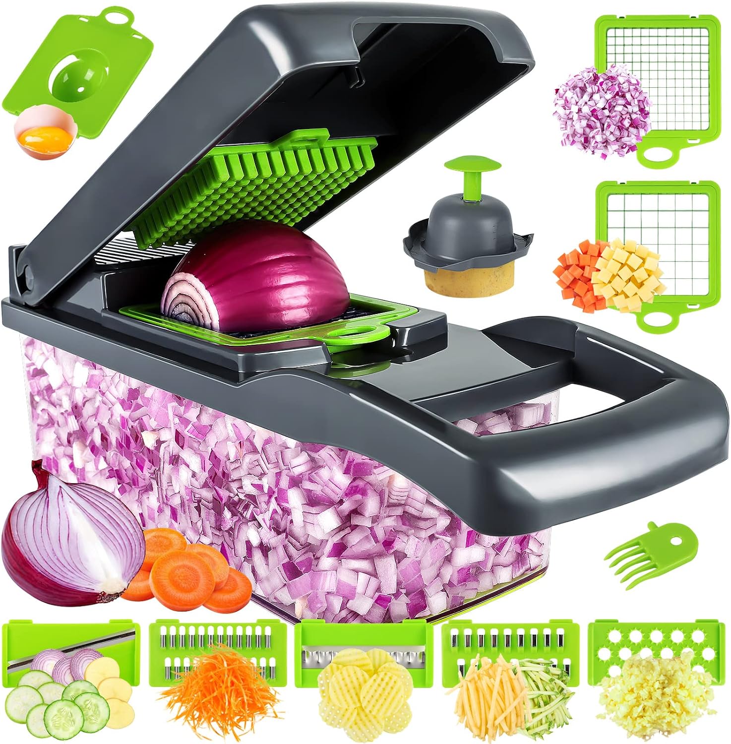 MAIPOR Picadora de verduras/Picadora de cebollas profesional, picadora de alimentos multifuncional 13 en 1, cortadora de verduras de cocina con 8 cuchillas, picadora de zanahorias y ajos con