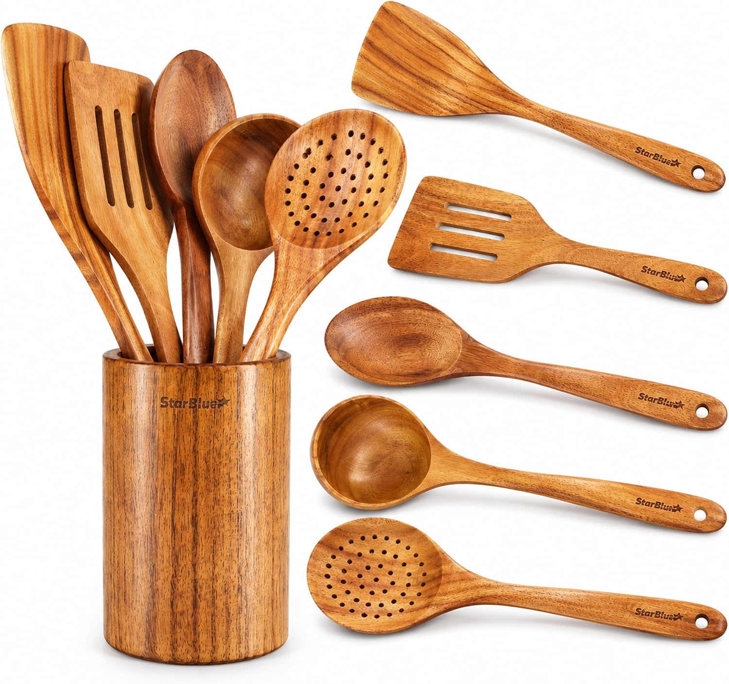 Starblue - Juego De 6 Utensilios De Cocina De Madera De Acacia, Espátulas Duraderas Y Antiarañazos Para Utensilios De Cocina Antiadherentes, Respetuosas Con El Medio Ambiente Y Ergonómicas