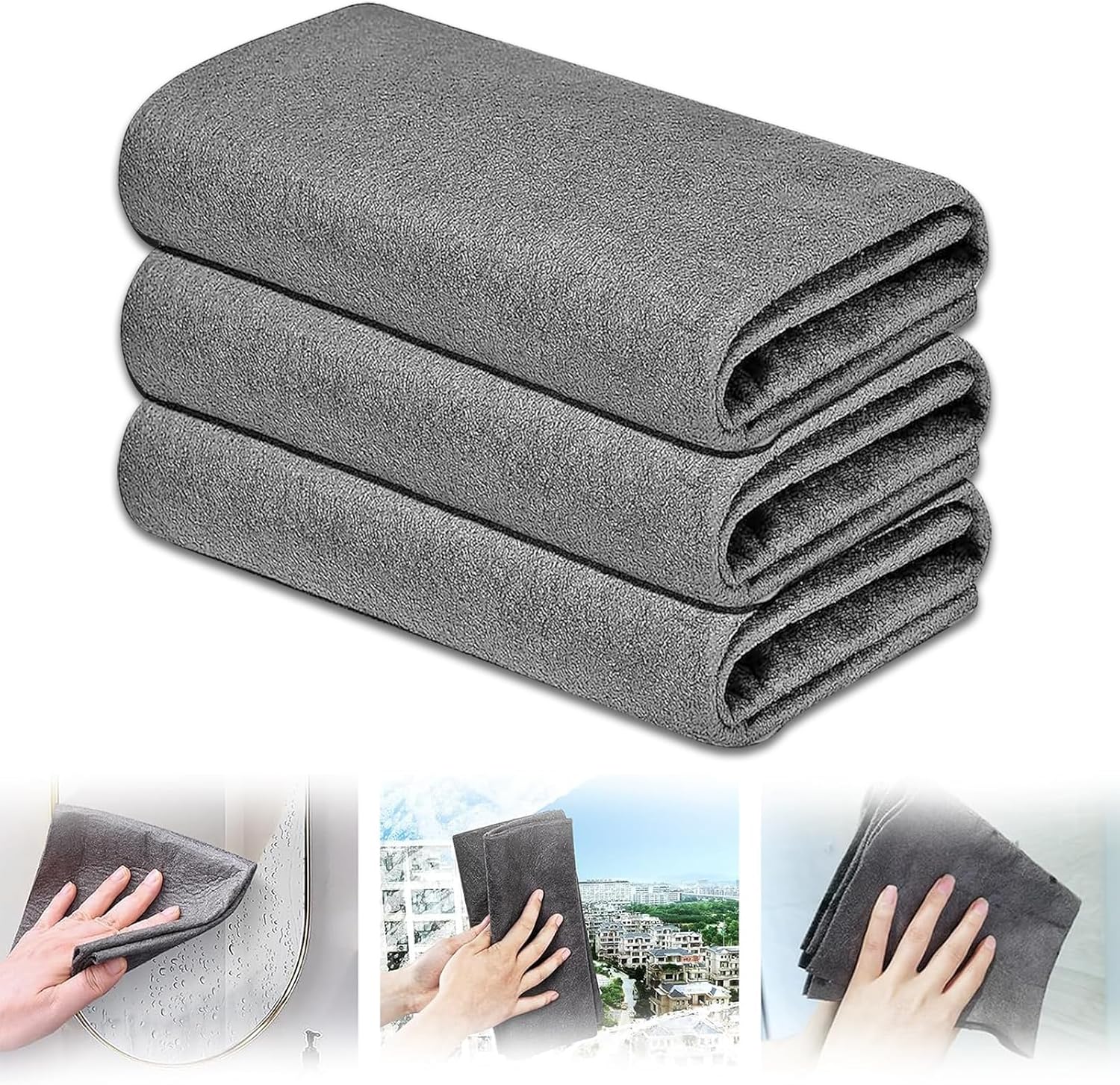 YAGE Paños de Limpieza mágicos, 3 Trapos de Limpieza de Vidrio Reutilizables, súper Suaves, de Primera Calidad, sin Rayas, Lavable, para el hogar, Cocina, Coches, Ventanas (Gris)
