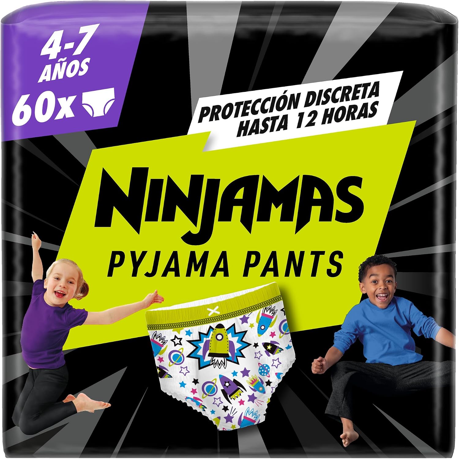 Dodot Pañal-Braguita Ninjamas, Talla 4-7 años (17-30 kg), 50 pañales tipo braguita, pañal noche con Naves espaciales, Protección Antifugas durante Toda La Noche