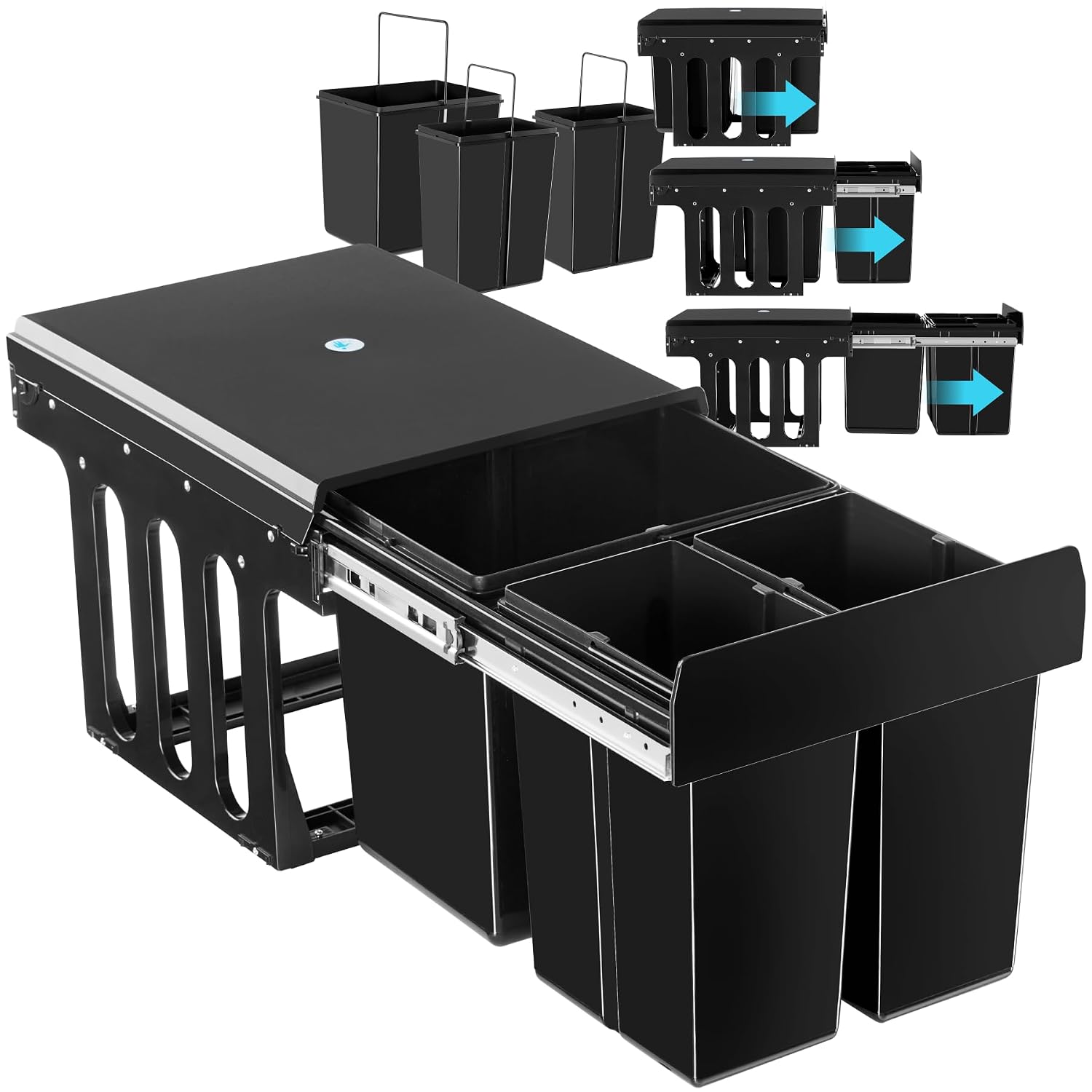tectake® Cubo de Basura Extraíble, Triple, 31L, Papelera Cocina con Guías Telescópicas, 3 Contenedores Separados para Reciclaje, Cubo Basura Cocina, Fácil Montaje, Material Resistente - 2x 8L+15L