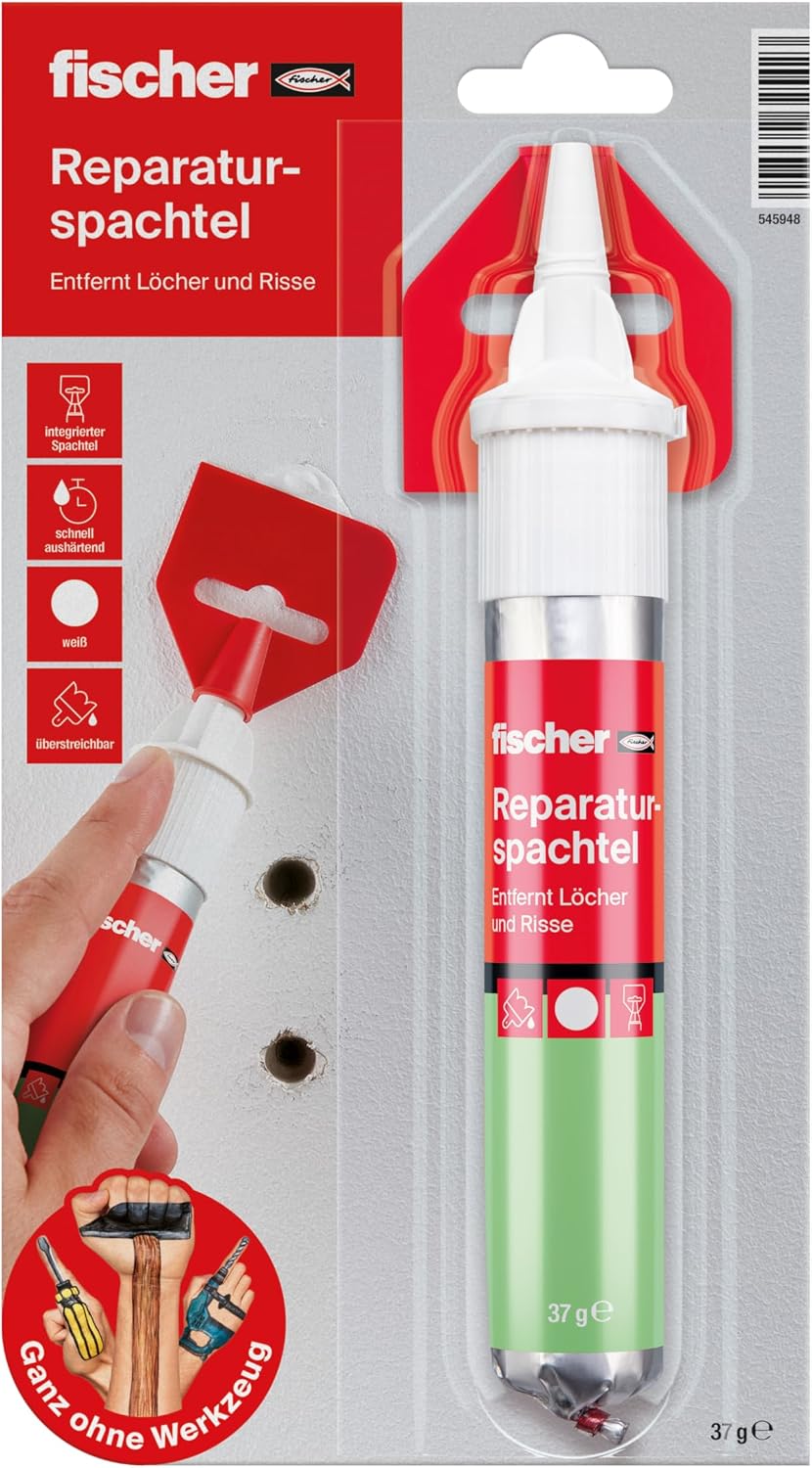 fischer - Masilla Adhesiva Repara Paredes, Compatible con Placas de Yeso PLADUR®, Cemento, Hormigón o Mamposteria | Para Tapar Agujeros Pared, Reparador de Pared | Incluye Espátula (75 ml)
