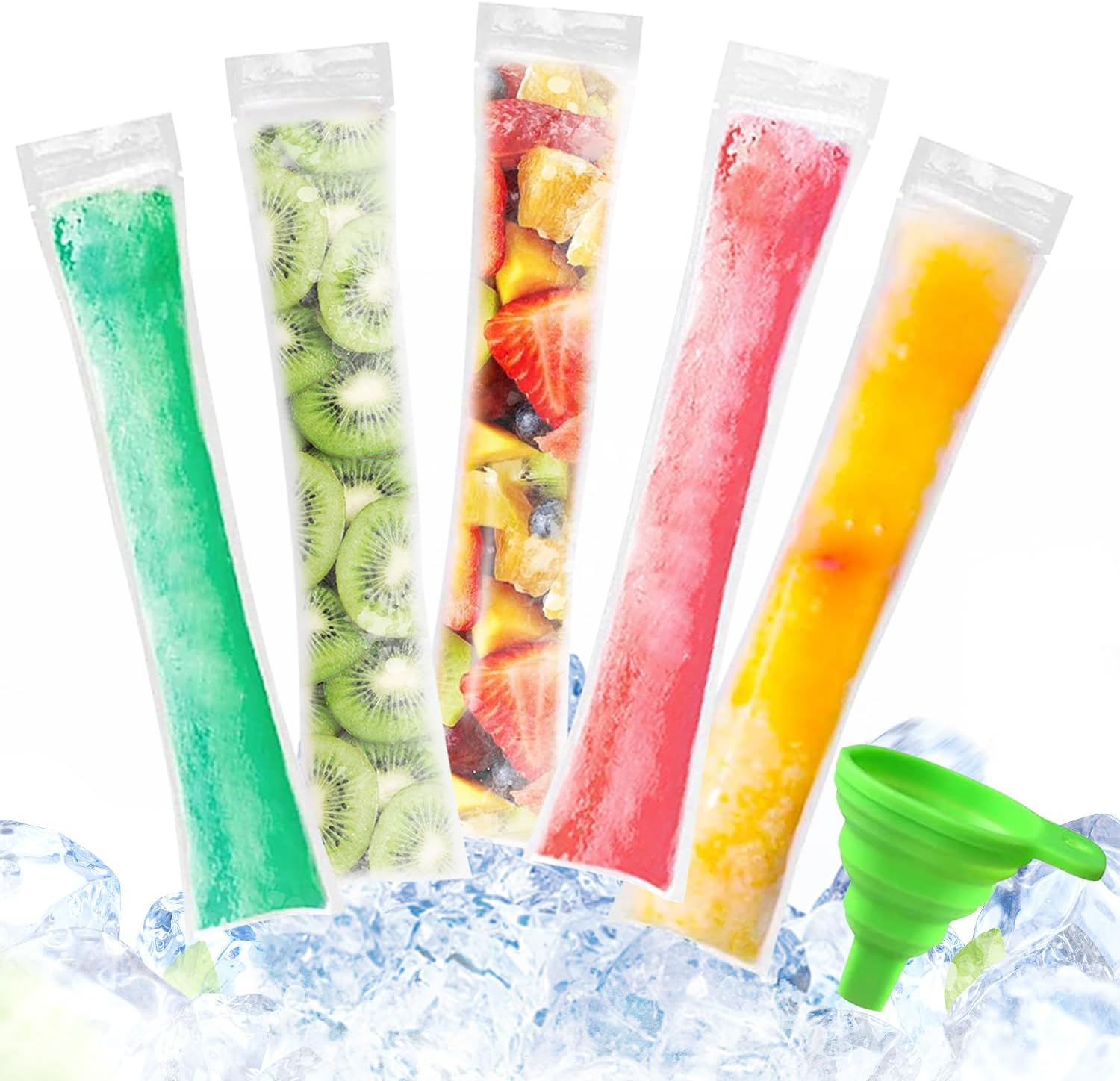 Bolsa para helado, 200 Piezas Moldes de helado, Bolsas Popsicle con Embudo Verdes, para Yogur y Caramelos, 5.5 x 27.5 cm