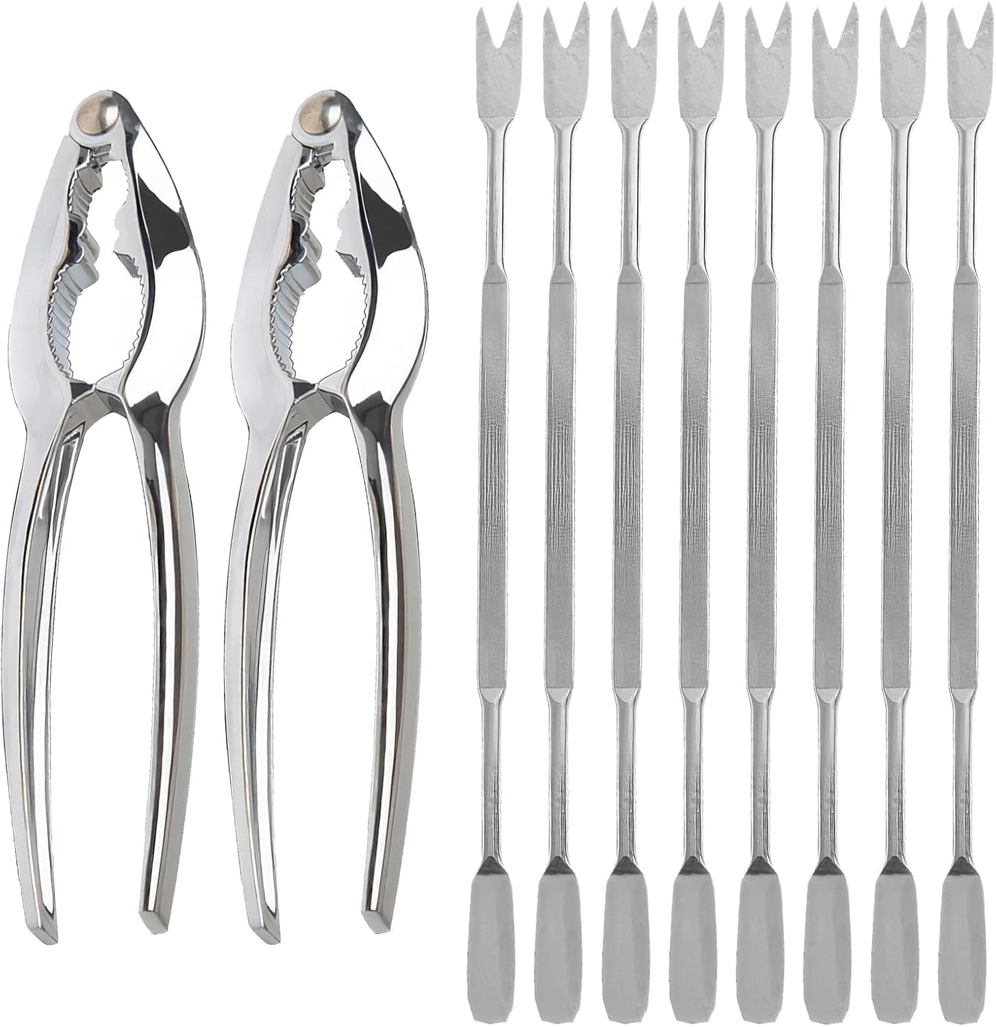 Cubiertos Marisco Acero Inoxidable, 2Pcs Tenazas Marisco y 8Pcs Tenedores
