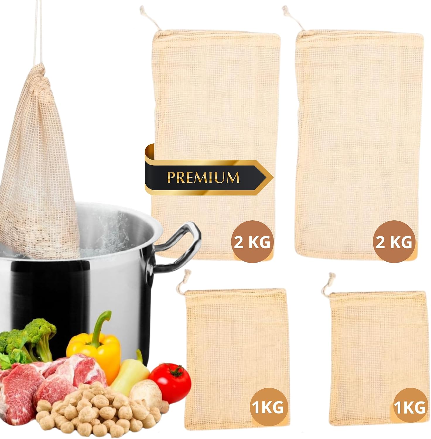 Maname® Malla coccion. 4 Bolsas De Malla Para Cocer Garbanzos | 2 Bolsa De 1kg Y 2 Bolsas De 2kg | Amplia Redecilla Para Cocinar Alimentos En Olla A Presion | Perfecta Red Para Cocido