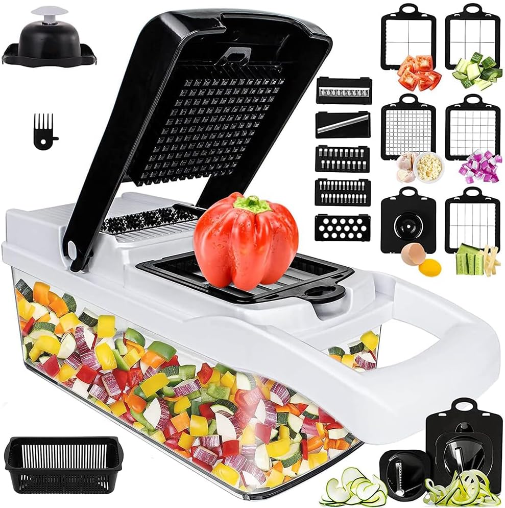 Multifuncional Cortador de Verdura Mandolina de Cocina Profesional,Cortador de Verduras 22 En 1,Picador de Verduras Rallador de Cocina para Cebollas Tomates Zanahoria Pepino